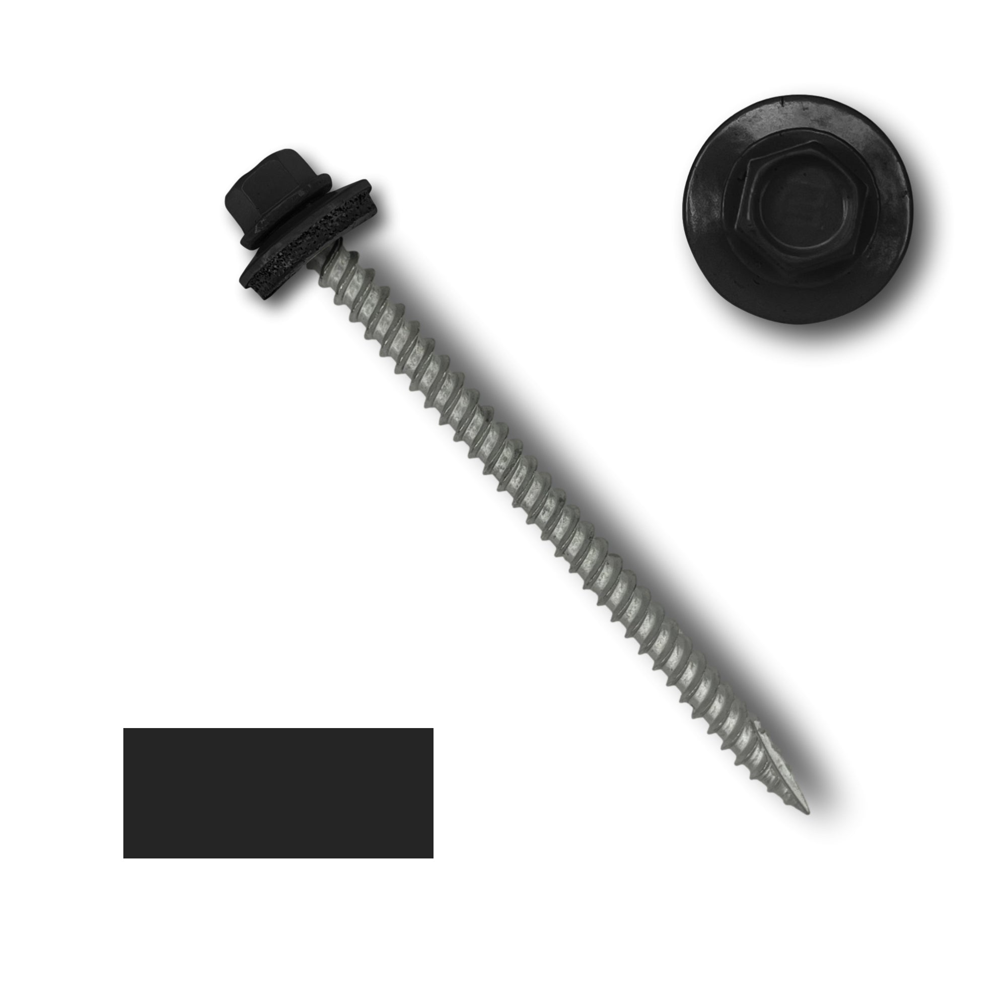 A number 10 Diameter Metal Roofing Screw that is 3 inch long with a 1/4 inch Hex Head and an EPDM Rubber Washer. The screw features a Type 17 sharp tip for drilling into wood decking. There is a color swatch of the screw head in the bottom left corner and a close-up of the screw head in the top right corner. The screw head is Black in color.