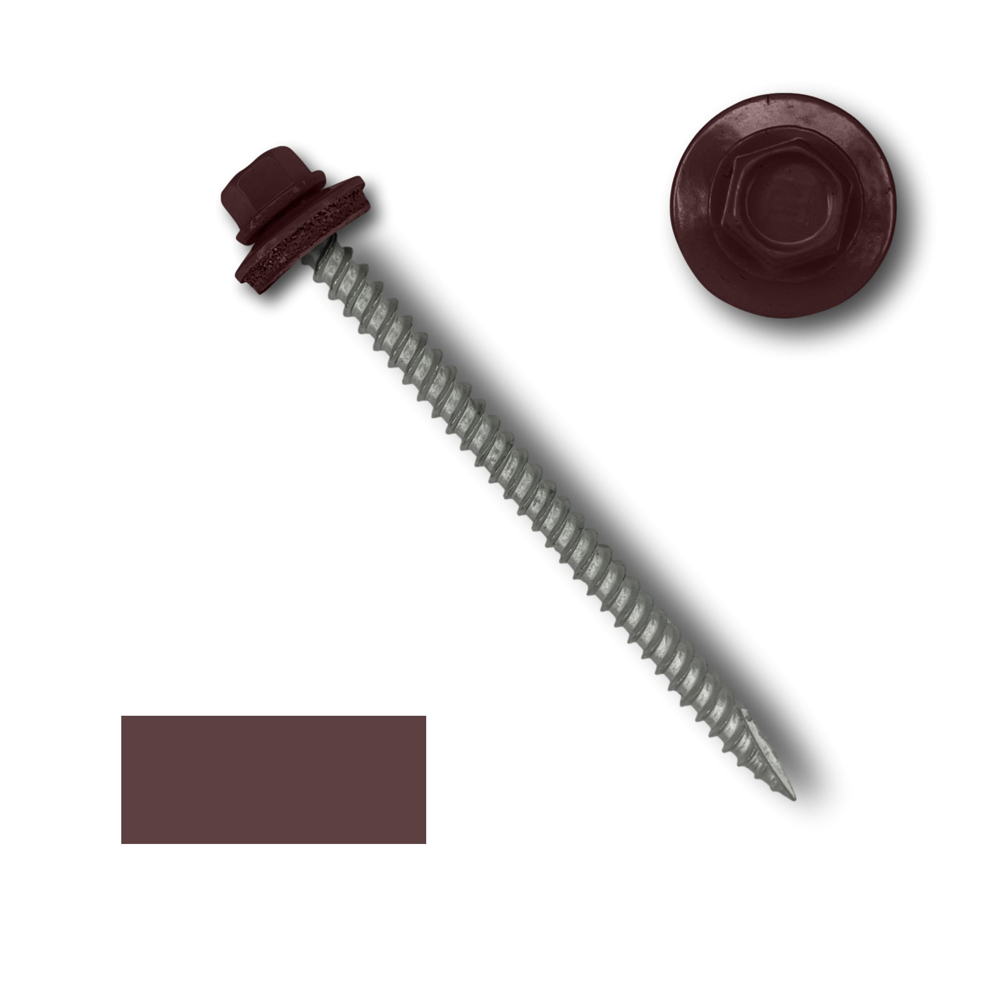 A number 10 Diameter Metal Roofing Screw that is 3 inch long with a 1/4 inch Hex Head and an EPDM Rubber Washer. The screw features a Type 17 sharp tip for drilling into wood decking. There is a color swatch of the screw head in the bottom left corner and a close-up of the screw head in the top right corner. The screw head is Burgundy in color.