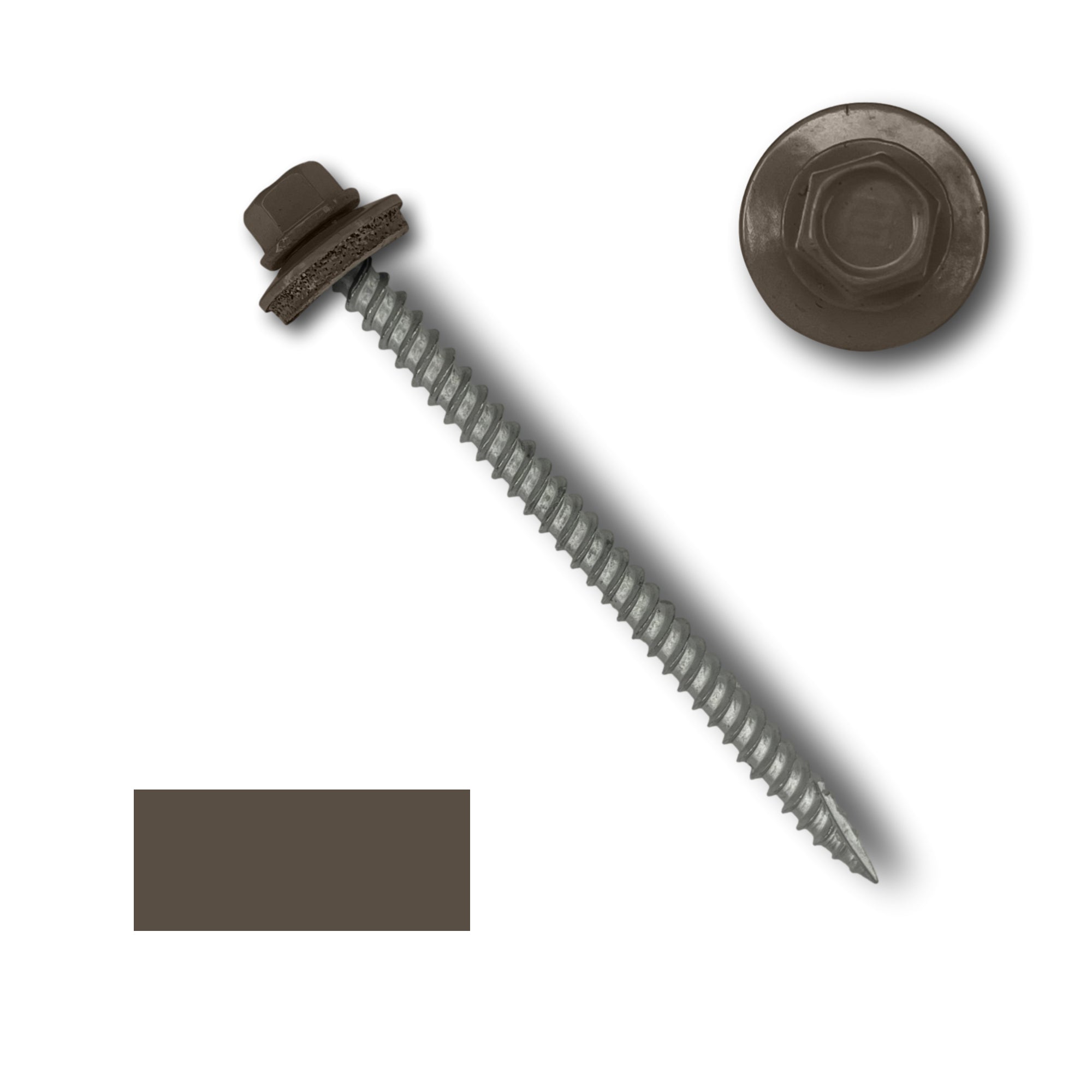 A number 10 Diameter Metal Roofing Screw that is 3 inch long with a 1/4 inch Hex Head and an EPDM Rubber Washer. The screw features a Type 17 sharp tip for drilling into wood decking. There is a color swatch of the screw head in the bottom left corner and a close-up of the screw head in the top right corner. The screw head is Burnished Slate in color.