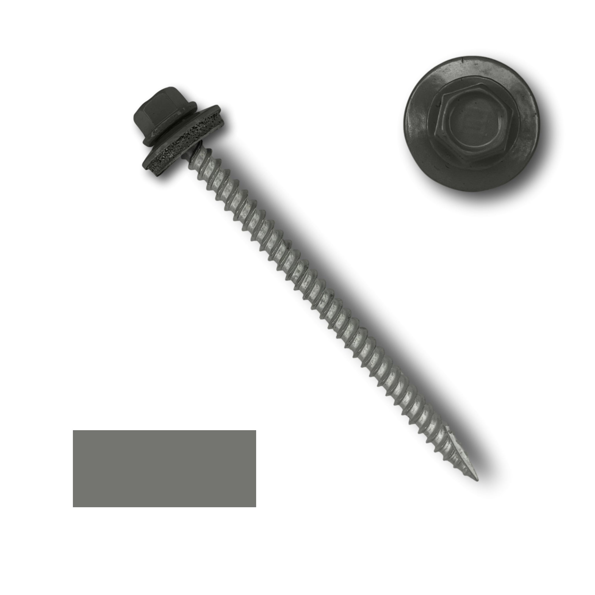A number 10 Diameter Metal Roofing Screw that is 3 inch long with a 1/4 inch Hex Head and an EPDM Rubber Washer. The screw features a Type 17 sharp tip for drilling into wood decking. There is a color swatch of the screw head in the bottom left corner and a close-up of the screw head in the top right corner. The screw head is Charcoal Gray in color.