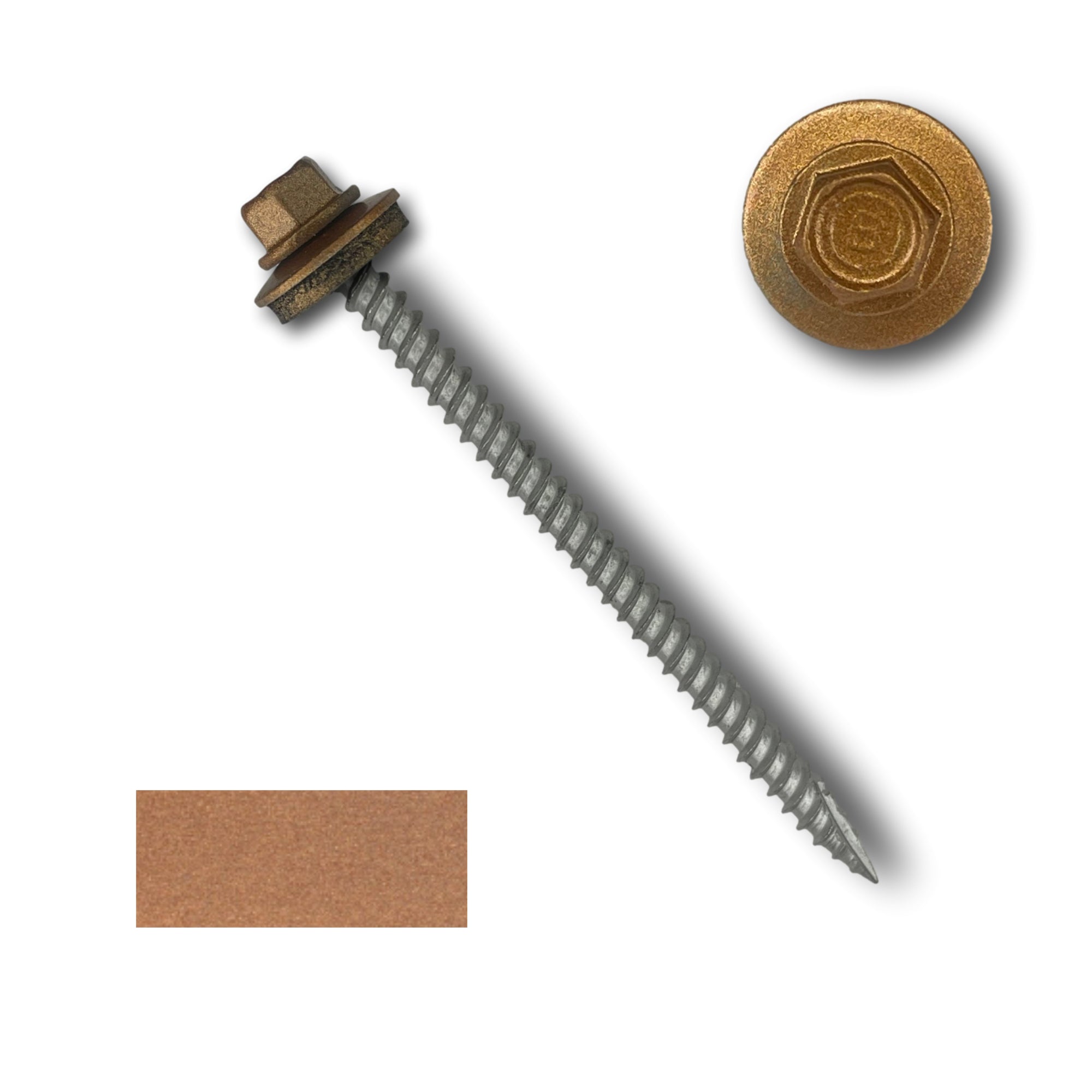A number 10 Diameter Metal Roofing Screw that is 3 inch long with a 1/4 inch Hex Head and an EPDM Rubber Washer. The screw features a Type 17 sharp tip for drilling into wood decking. There is a color swatch of the screw head in the bottom left corner and a close-up of the screw head in the top right corner. The screw head is Copper Metallic in color.