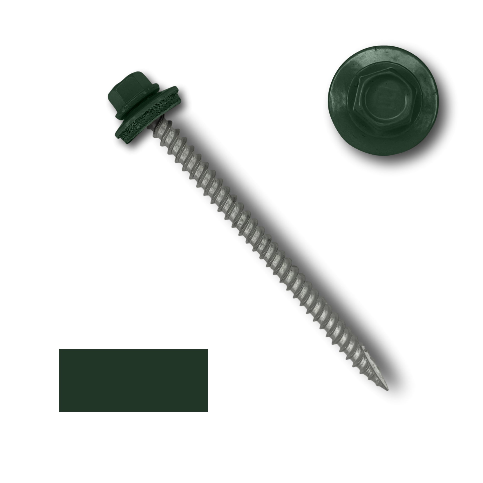 A number 10 Diameter Metal Roofing Screw that is 3 inch long with a 1/4 inch Hex Head and an EPDM Rubber Washer. The screw features a Type 17 sharp tip for drilling into wood decking. There is a color swatch of the screw head in the bottom left corner and a close-up of the screw head in the top right corner. The screw head is Forest Green in color.