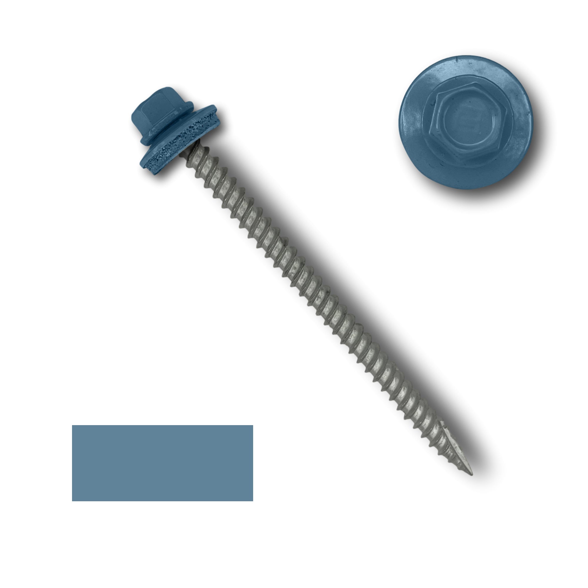 A number 10 Diameter Metal Roofing Screw that is 3 inch long with a 1/4 inch Hex Head and an EPDM Rubber Washer. The screw features a Type 17 sharp tip for drilling into wood decking. There is a color swatch of the screw head in the bottom left corner and a close-up of the screw head in the top right corner. The screw head is Hawaiian Blue in color.