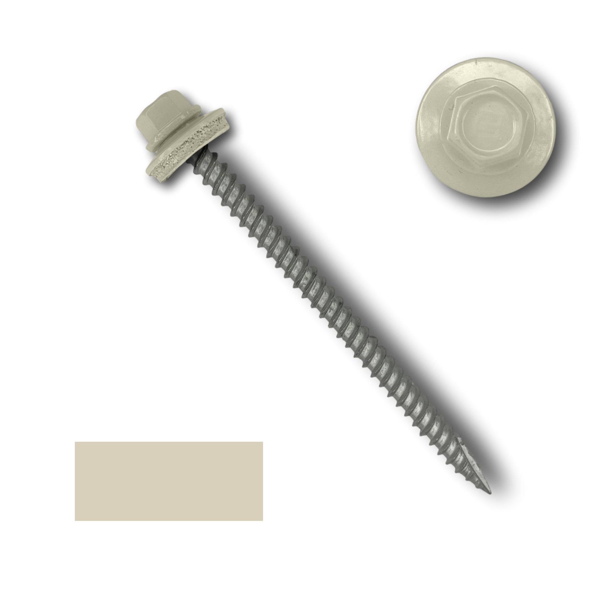 A number 10 Diameter Metal Roofing Screw that is 3 inch long with a 1/4 inch Hex Head and an EPDM Rubber Washer. The screw features a Type 17 sharp tip for drilling into wood decking. There is a color swatch of the screw head in the bottom left corner and a close-up of the screw head in the top right corner. The screw head is Lightstone in color.