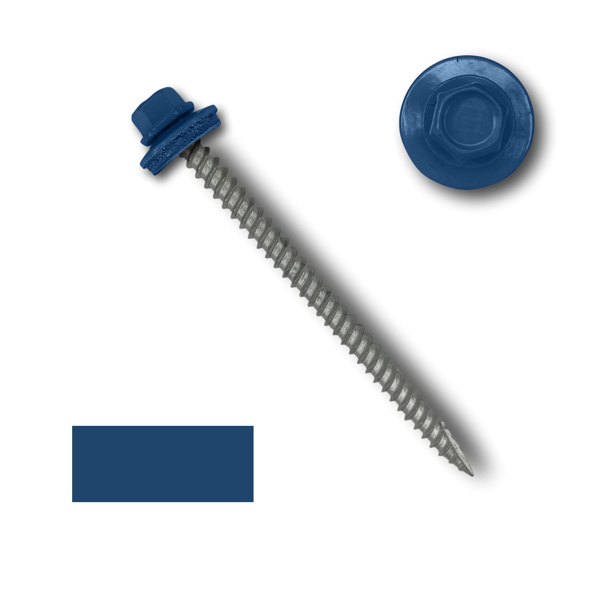 A number 10 Diameter Metal Roofing Screw that is 3 inch long with a 1/4 inch Hex Head and an EPDM Rubber Washer. The screw features a Type 17 sharp tip for drilling into wood decking. There is a color swatch of the screw head in the bottom left corner and a close-up of the screw head in the top right corner. The screw head is Regal Blue in color.
