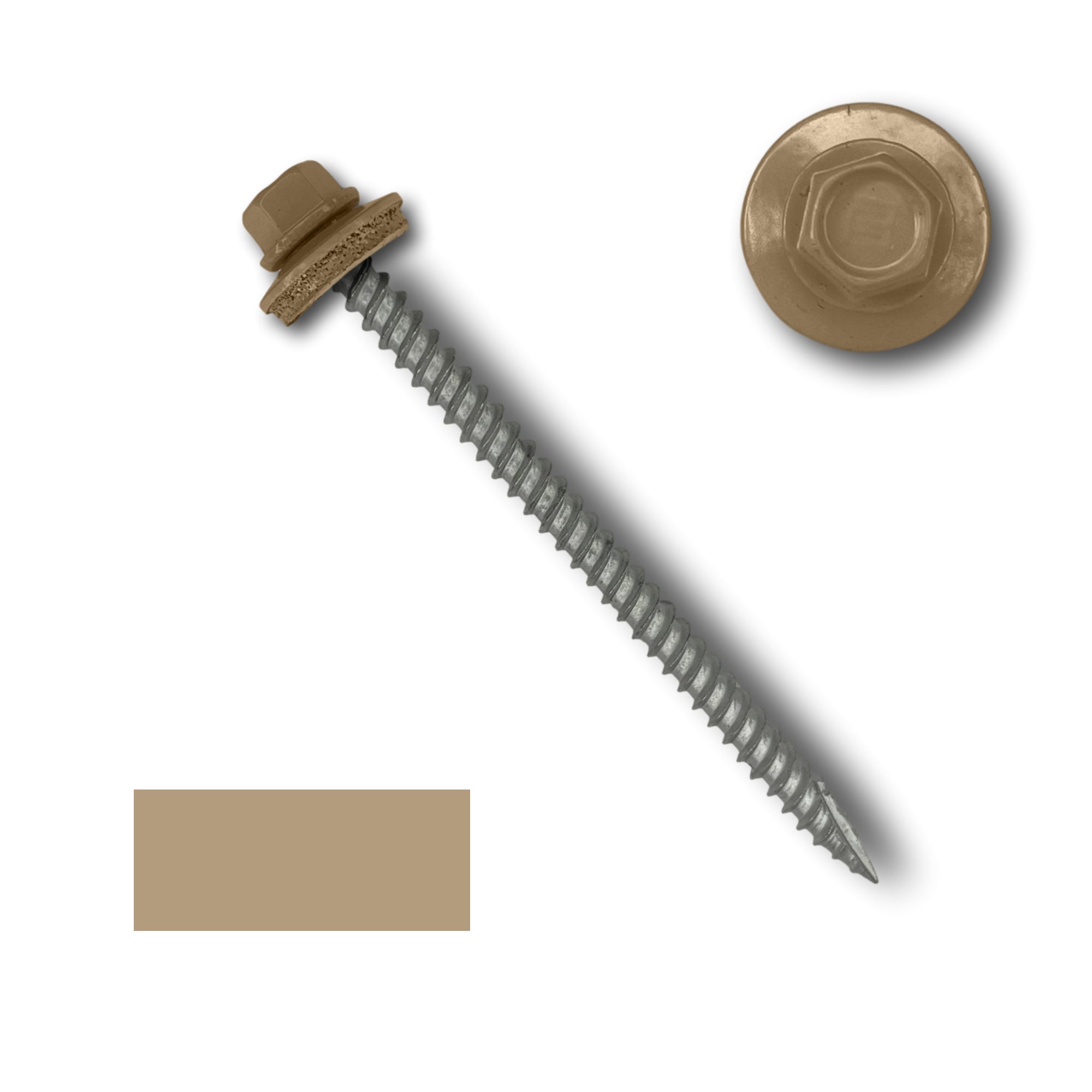 A number 10 Diameter Metal Roofing Screw that is 3 inch long with a 1/4 inch Hex Head and an EPDM Rubber Washer. The screw features a Type 17 sharp tip for drilling into wood decking. There is a color swatch of the screw head in the bottom left corner and a close-up of the screw head in the top right corner. The screw head is Sahara Tan in color.