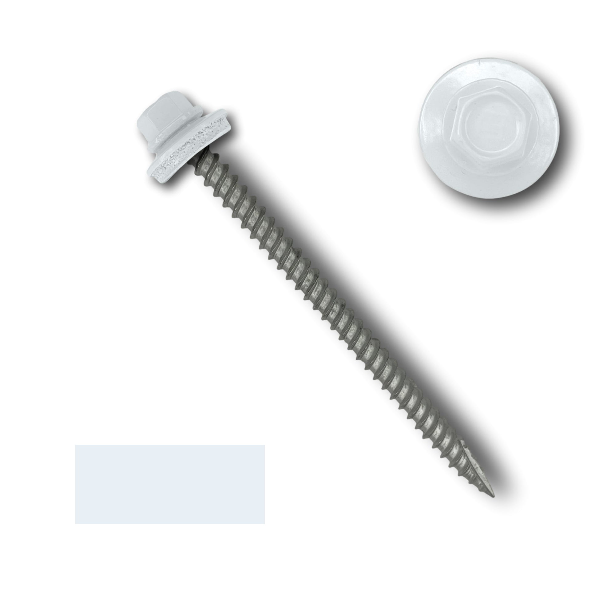 A number 10 Diameter Metal Roofing Screw that is 3 inch long with a 1/4 inch Hex Head and an EPDM Rubber Washer. The screw features a Type 17 sharp tip for drilling into wood decking. There is a color swatch of the screw head in the bottom left corner and a close-up of the screw head in the top right corner. The screw head is White in color.