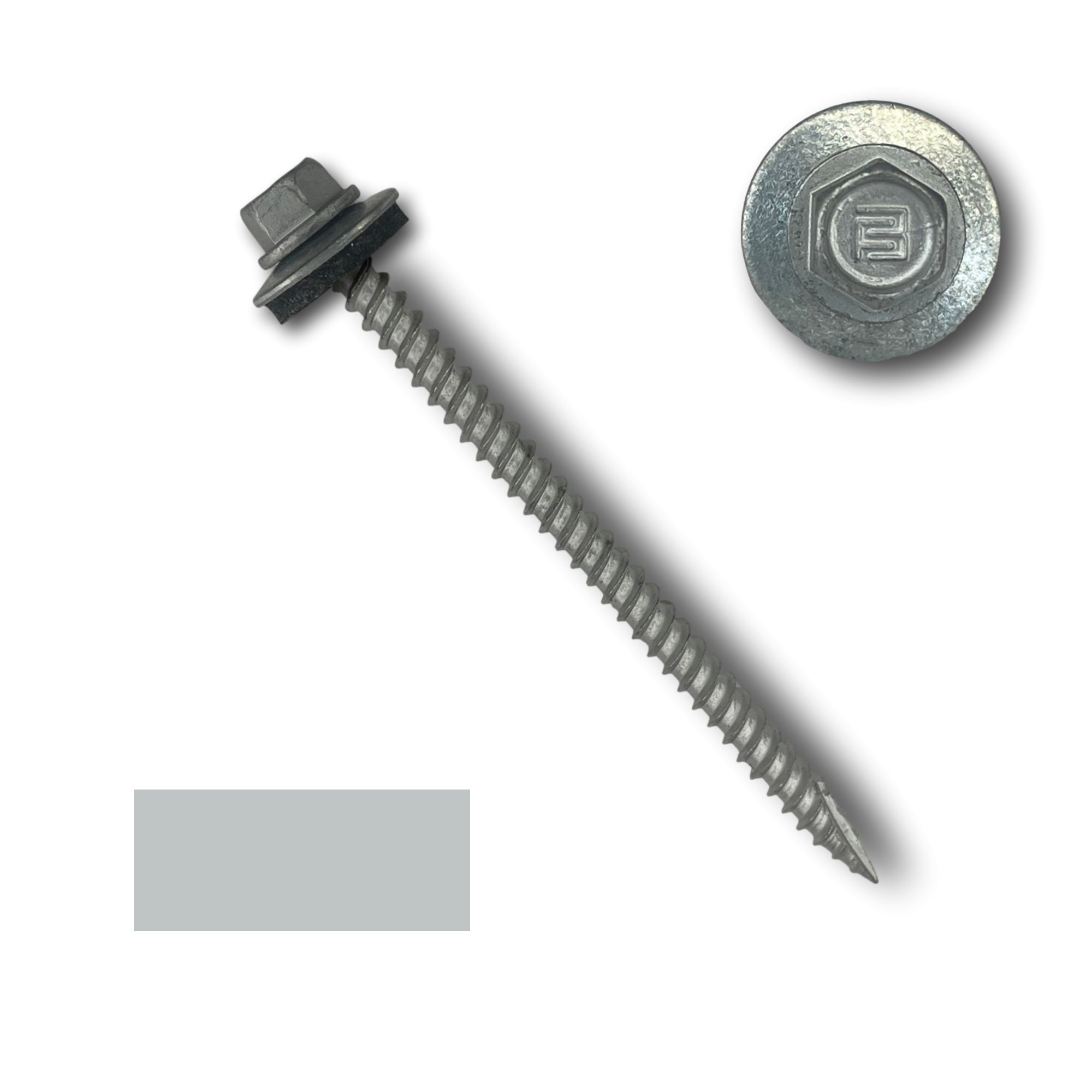 A number 10 Diameter Metal Roofing Screw that is 3 inch long with a 1/4 inch Hex Head and an EPDM Rubber Washer. The screw features a Type 17 sharp tip for drilling into wood decking. There is a color swatch of the screw head in the bottom left corner and a close-up of the screw head in the top right corner. The screw head is Zinc/Unpainted in color.