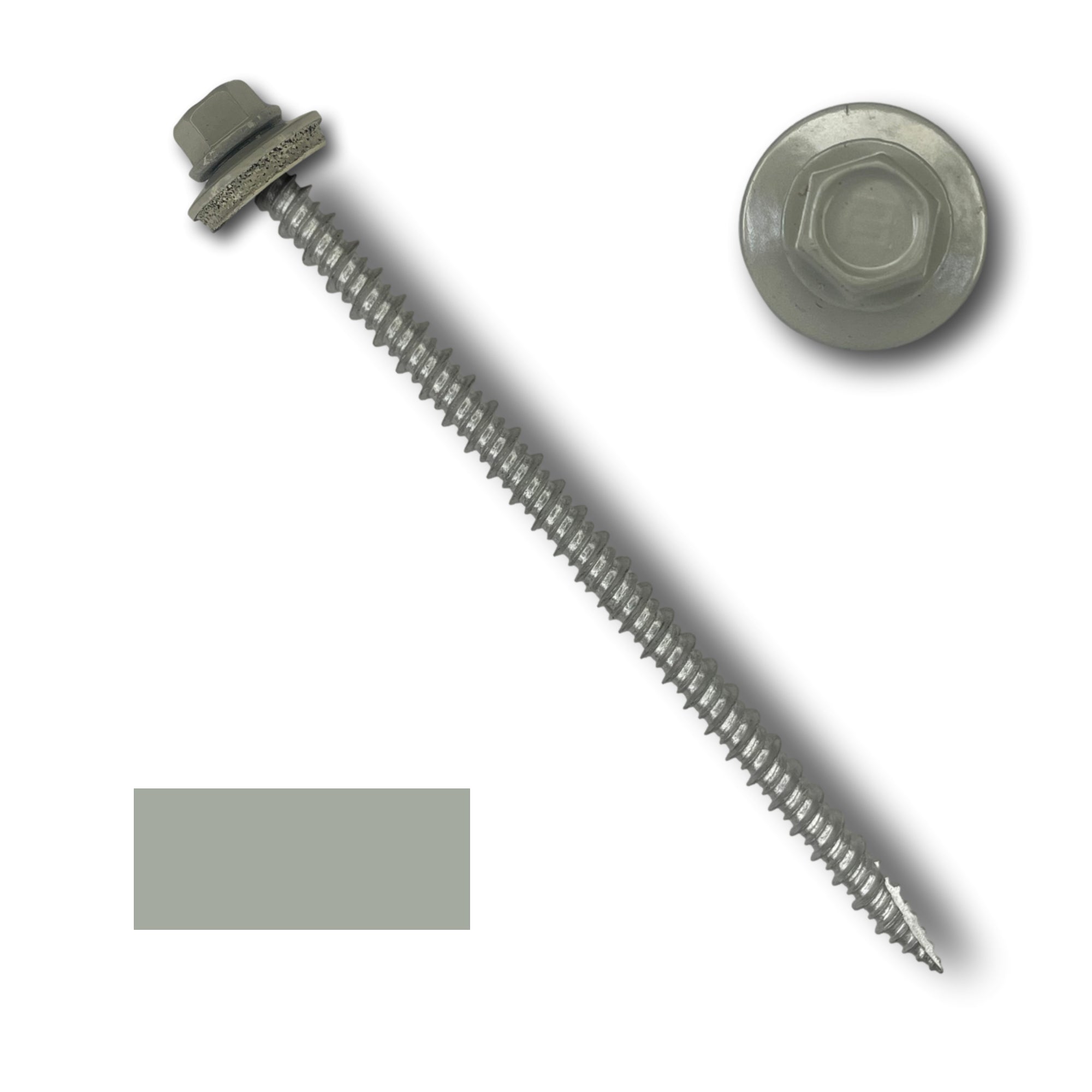 A number 10 Diameter Metal Roofing Screw that is 4 inch long with a 1/4 inch Hex Head and an EPDM Rubber Washer. The screw features a Type 17 sharp tip for drilling into wood decking. There is a color swatch of the screw head in the bottom left corner and a close-up of the screw head in the top right corner. The screw head is Ash Gray in color.
