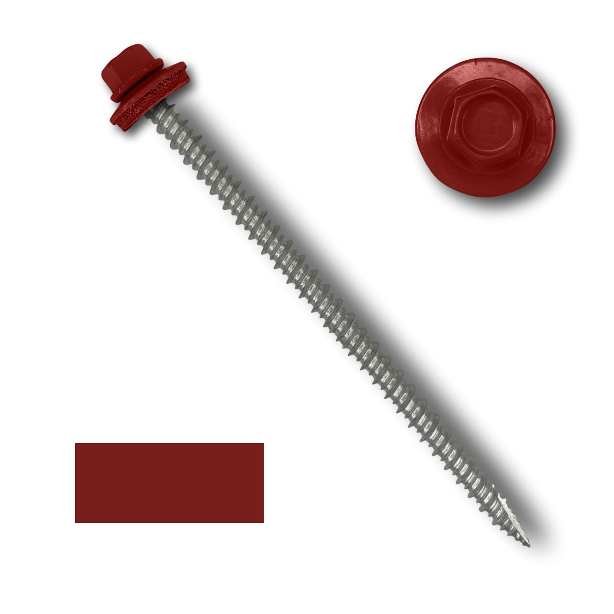 A number 10 Diameter Metal Roofing Screw that is 4 inch long with a 1/4 inch Hex Head and an EPDM Rubber Washer. The screw features a Type 17 sharp tip for drilling into wood decking. There is a color swatch of the screw head in the bottom left corner and a close-up of the screw head in the top right corner. The screw head is Barn Red in color.