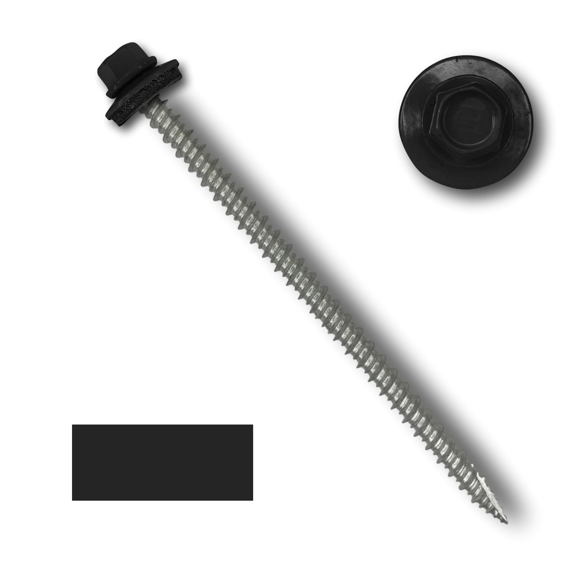 A number 10 Diameter Metal Roofing Screw that is 4 inch long with a 1/4 inch Hex Head and an EPDM Rubber Washer. The screw features a Type 17 sharp tip for drilling into wood decking. There is a color swatch of the screw head in the bottom left corner and a close-up of the screw head in the top right corner. The screw head is Black in color.