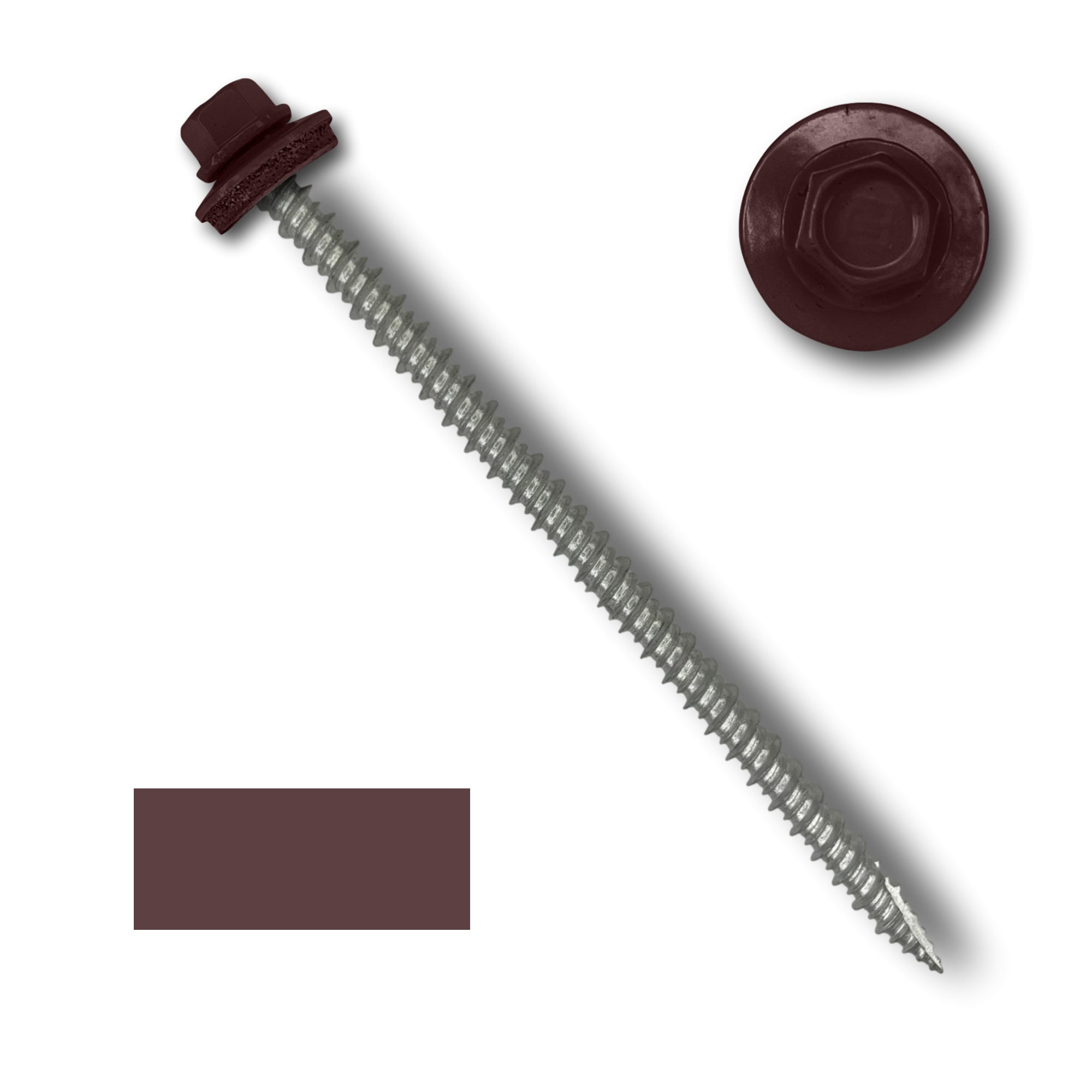 A number 10 Diameter Metal Roofing Screw that is 4 inch long with a 1/4 inch Hex Head and an EPDM Rubber Washer. The screw features a Type 17 sharp tip for drilling into wood decking. There is a color swatch of the screw head in the bottom left corner and a close-up of the screw head in the top right corner. The screw head is Burgundy in color.