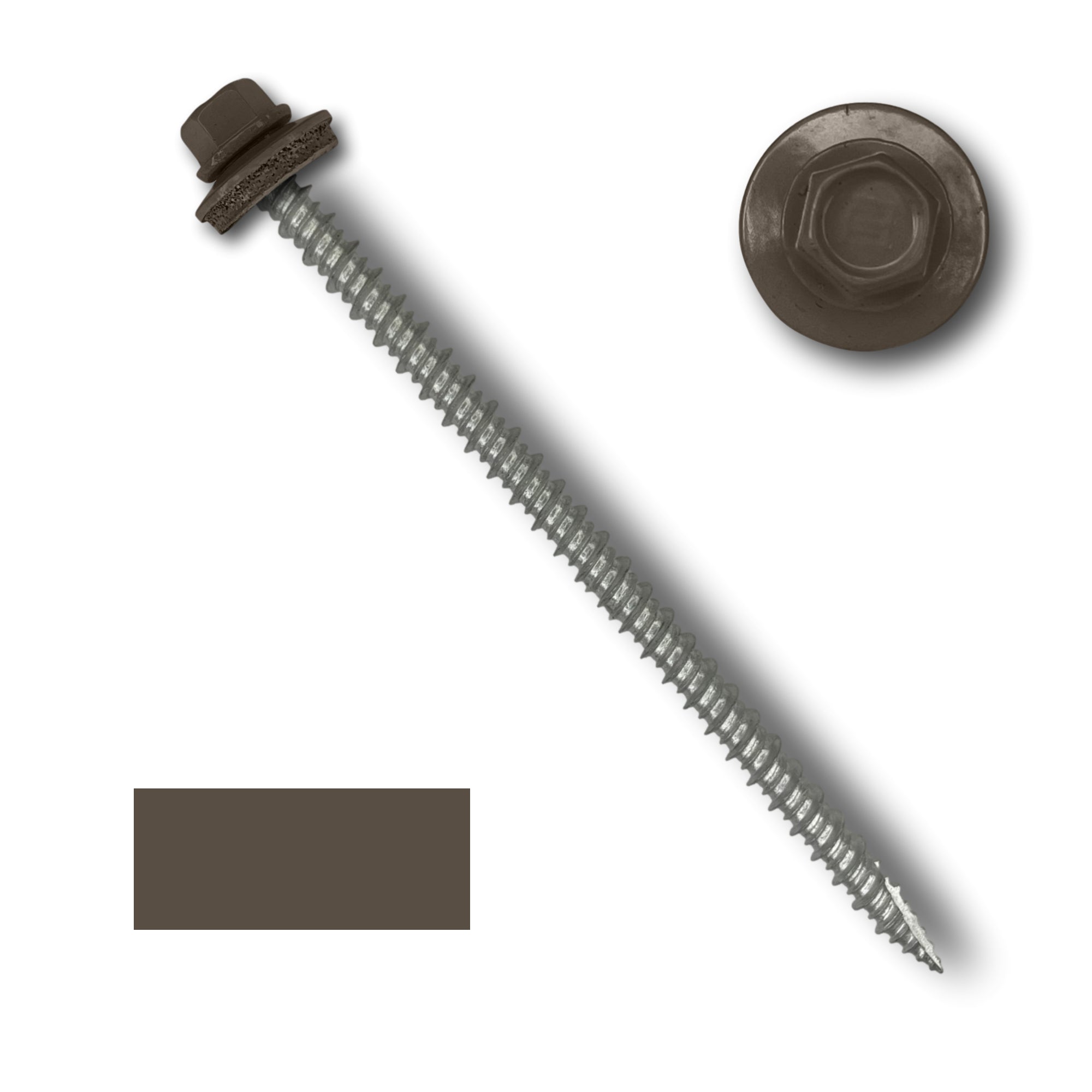 A number 10 Diameter Metal Roofing Screw that is 4 inch long with a 1/4 inch Hex Head and an EPDM Rubber Washer. The screw features a Type 17 sharp tip for drilling into wood decking. There is a color swatch of the screw head in the bottom left corner and a close-up of the screw head in the top right corner. The screw head is Burnished Slate in color.