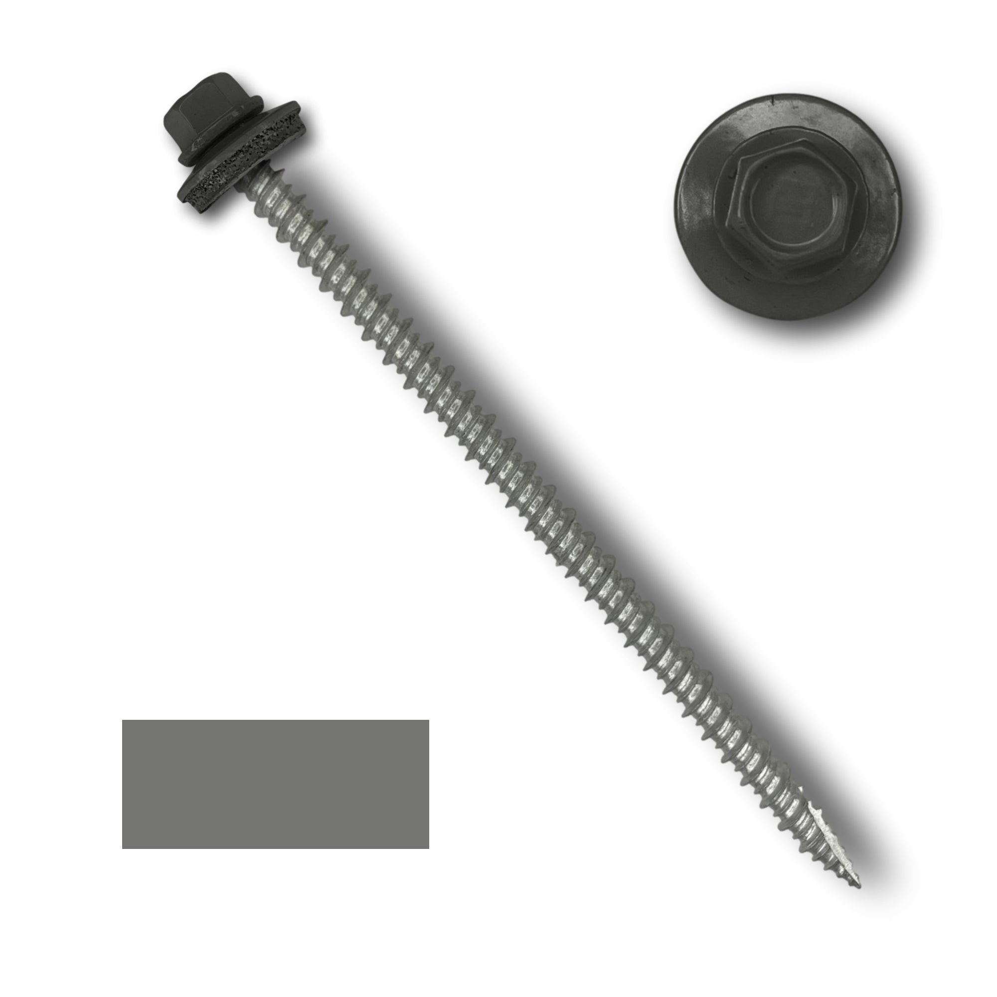 A number 10 Diameter Metal Roofing Screw that is 4 inch long with a 1/4 inch Hex Head and an EPDM Rubber Washer. The screw features a Type 17 sharp tip for drilling into wood decking. There is a color swatch of the screw head in the bottom left corner and a close-up of the screw head in the top right corner. The screw head is Charcoal Gray in color.