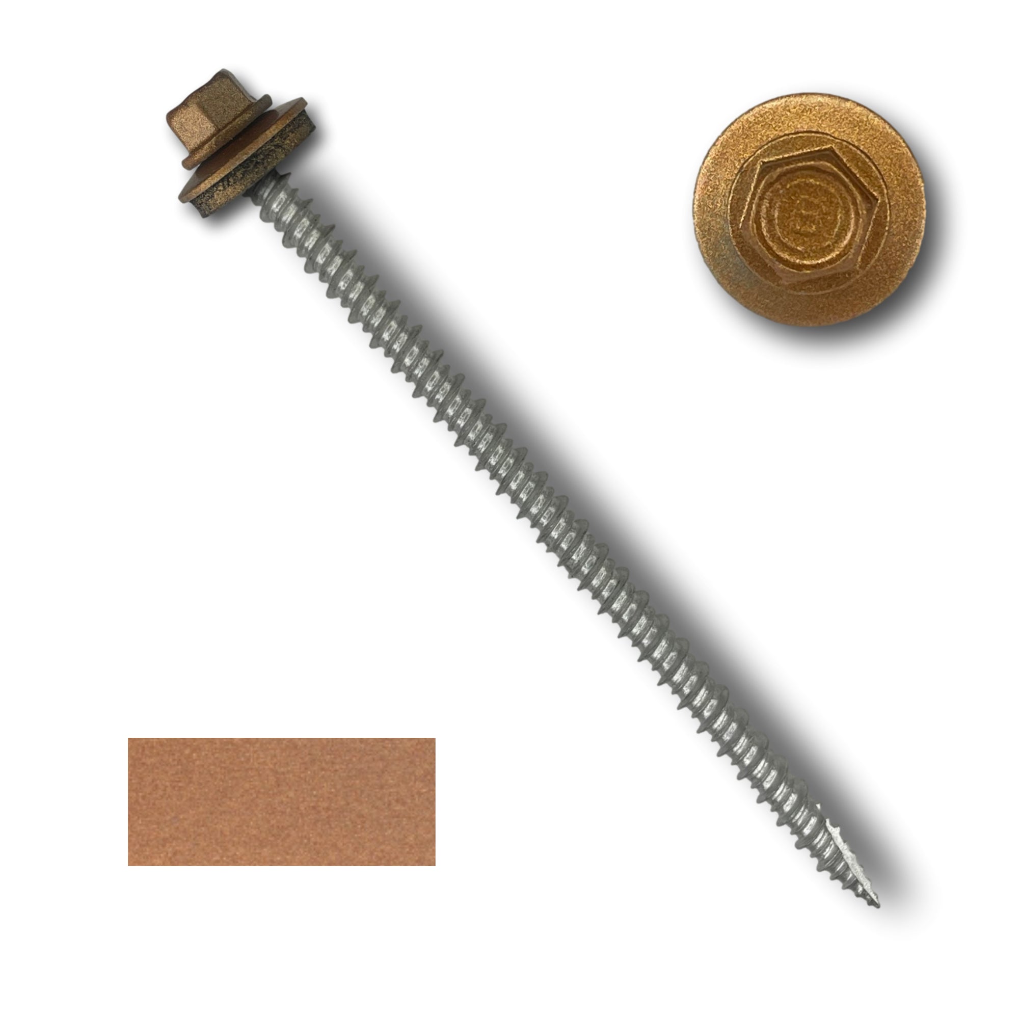A number 10 Diameter Metal Roofing Screw that is 4 inch long with a 1/4 inch Hex Head and an EPDM Rubber Washer. The screw features a Type 17 sharp tip for drilling into wood decking. There is a color swatch of the screw head in the bottom left corner and a close-up of the screw head in the top right corner. The screw head is Copper Metallic in color.