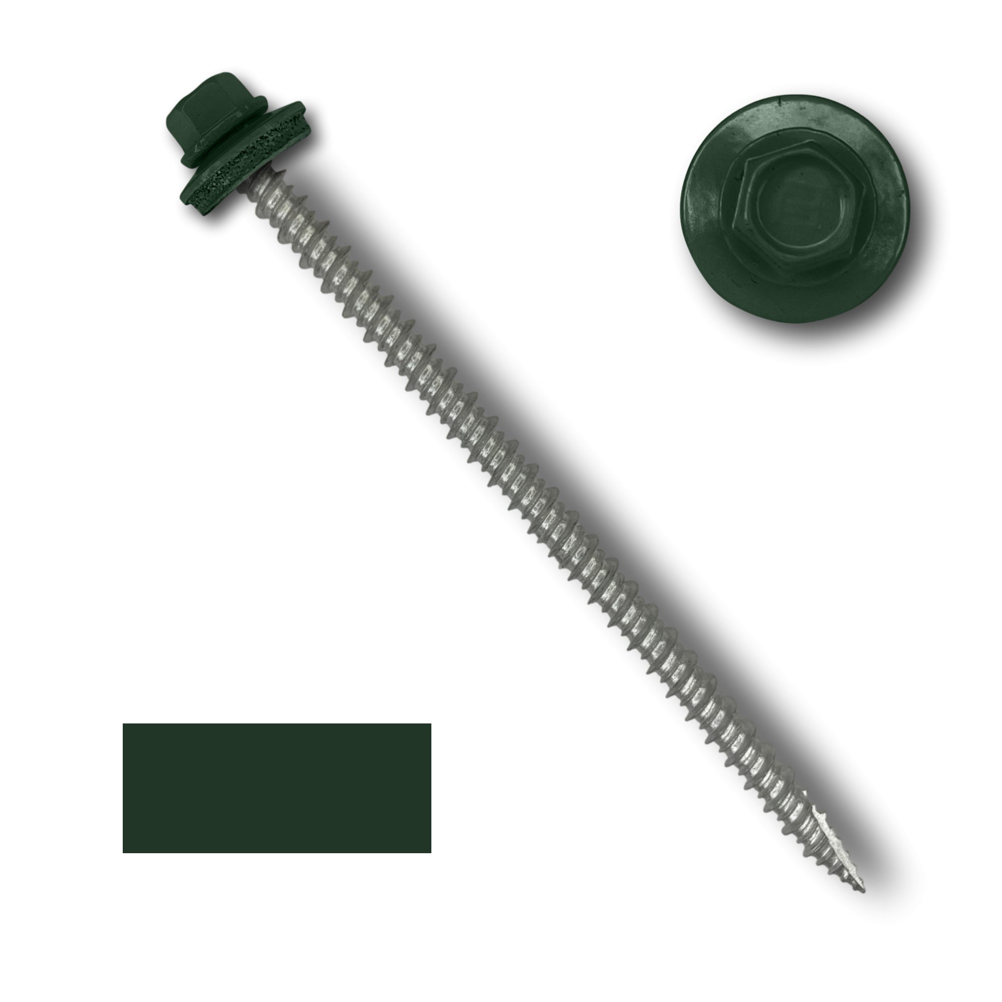 A number 10 Diameter Metal Roofing Screw that is 4 inch long with a 1/4 inch Hex Head and an EPDM Rubber Washer. The screw features a Type 17 sharp tip for drilling into wood decking. There is a color swatch of the screw head in the bottom left corner and a close-up of the screw head in the top right corner. The screw head is Forest Green in color.