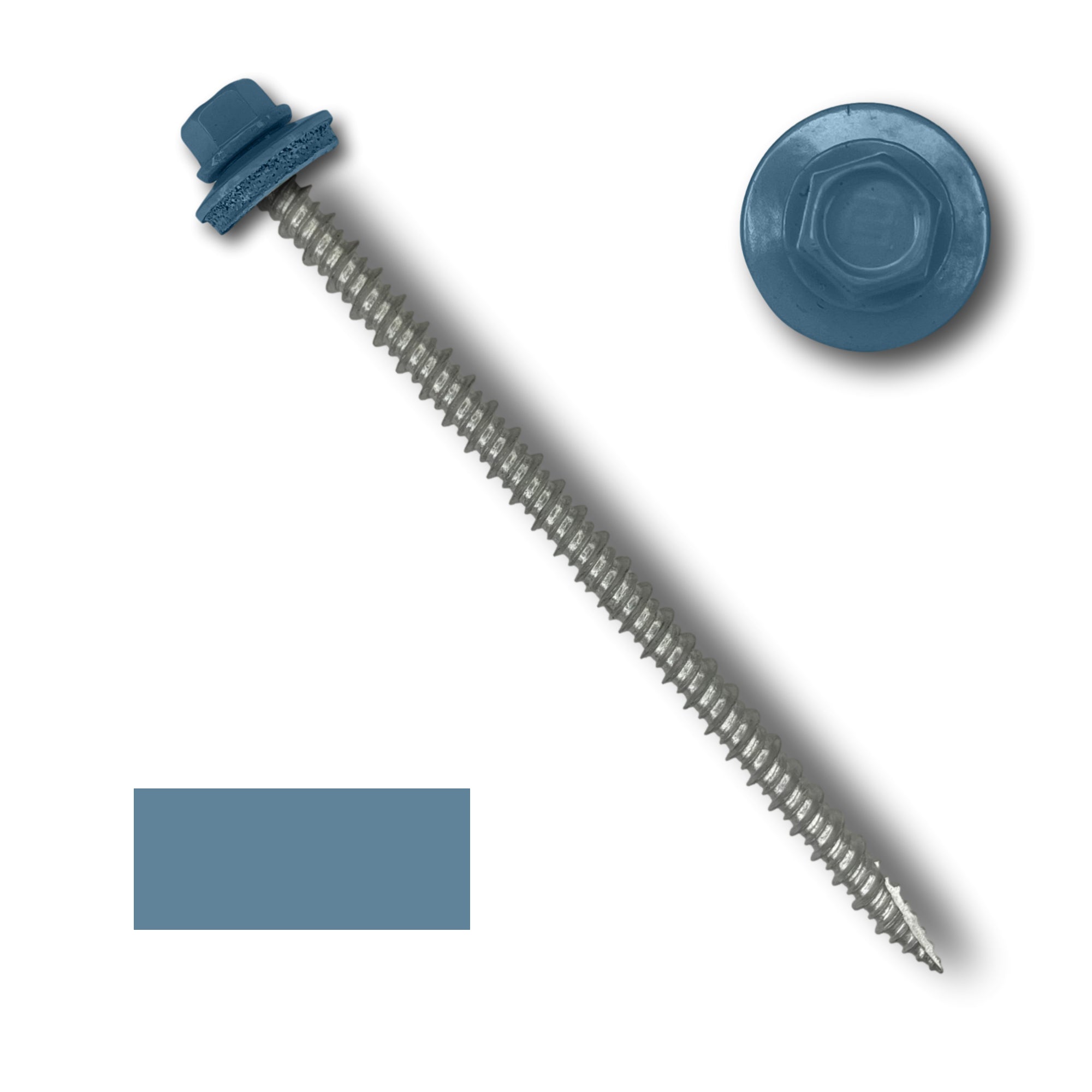 A number 10 Diameter Metal Roofing Screw that is 4 inch long with a 1/4 inch Hex Head and an EPDM Rubber Washer. The screw features a Type 17 sharp tip for drilling into wood decking. There is a color swatch of the screw head in the bottom left corner and a close-up of the screw head in the top right corner. The screw head is Hawaiian Blue in color.