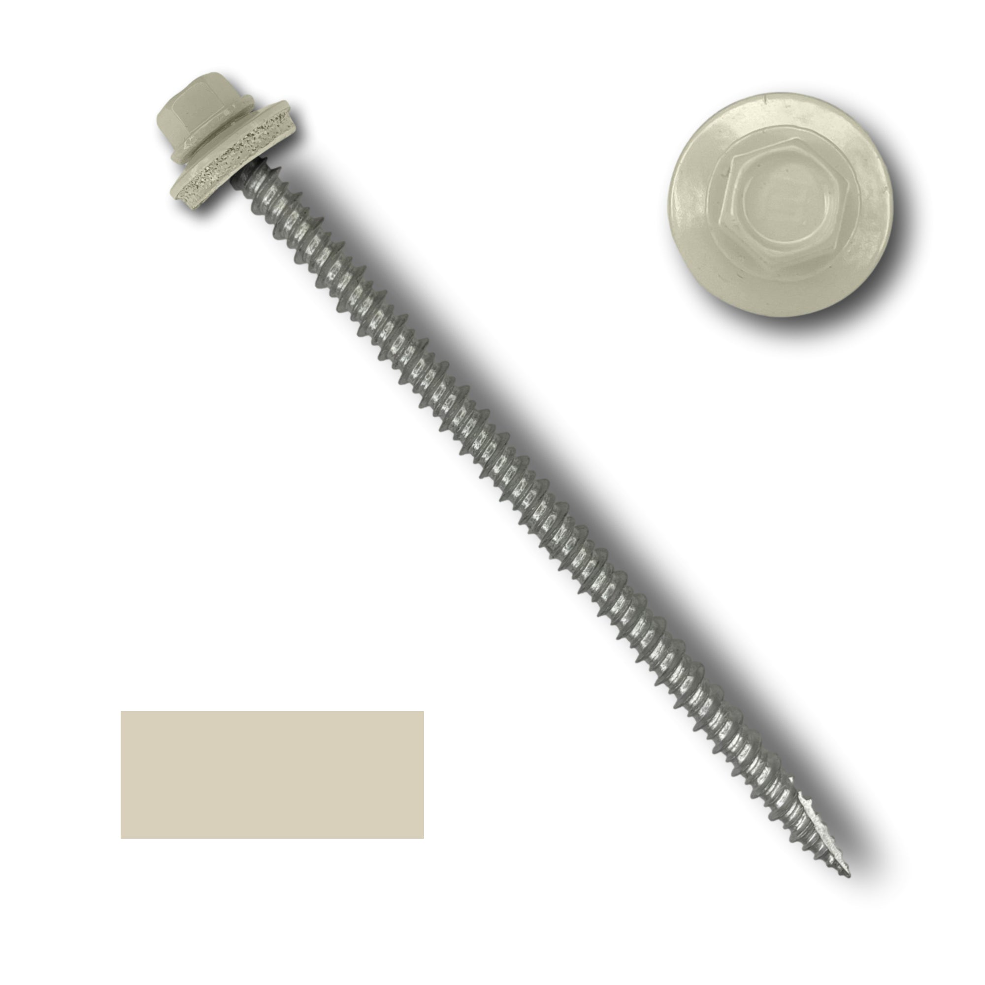 A number 10 Diameter Metal Roofing Screw that is 4 inch long with a 1/4 inch Hex Head and an EPDM Rubber Washer. The screw features a Type 17 sharp tip for drilling into wood decking. There is a color swatch of the screw head in the bottom left corner and a close-up of the screw head in the top right corner. The screw head is Lightstone in color.