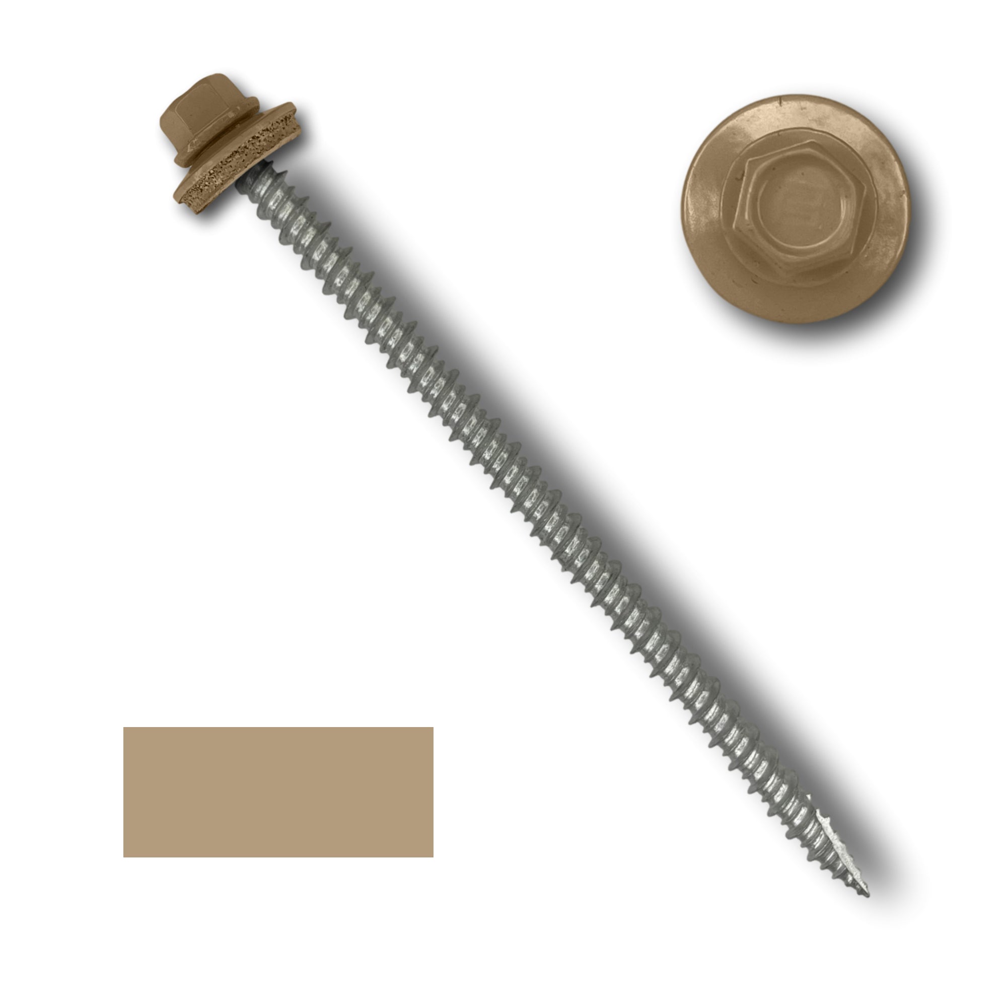 A number 10 Diameter Metal Roofing Screw that is 4 inch long with a 1/4 inch Hex Head and an EPDM Rubber Washer. The screw features a Type 17 sharp tip for drilling into wood decking. There is a color swatch of the screw head in the bottom left corner and a close-up of the screw head in the top right corner. The screw head is Sahara Tan in color.