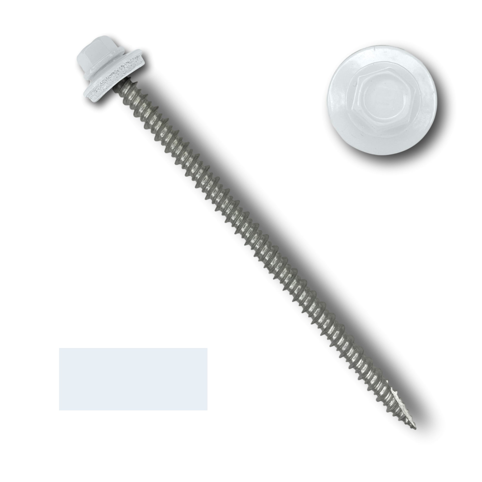 A number 10 Diameter Metal Roofing Screw that is 4 inch long with a 1/4 inch Hex Head and an EPDM Rubber Washer. The screw features a Type 17 sharp tip for drilling into wood decking. There is a color swatch of the screw head in the bottom left corner and a close-up of the screw head in the top right corner. The screw head is White in color.