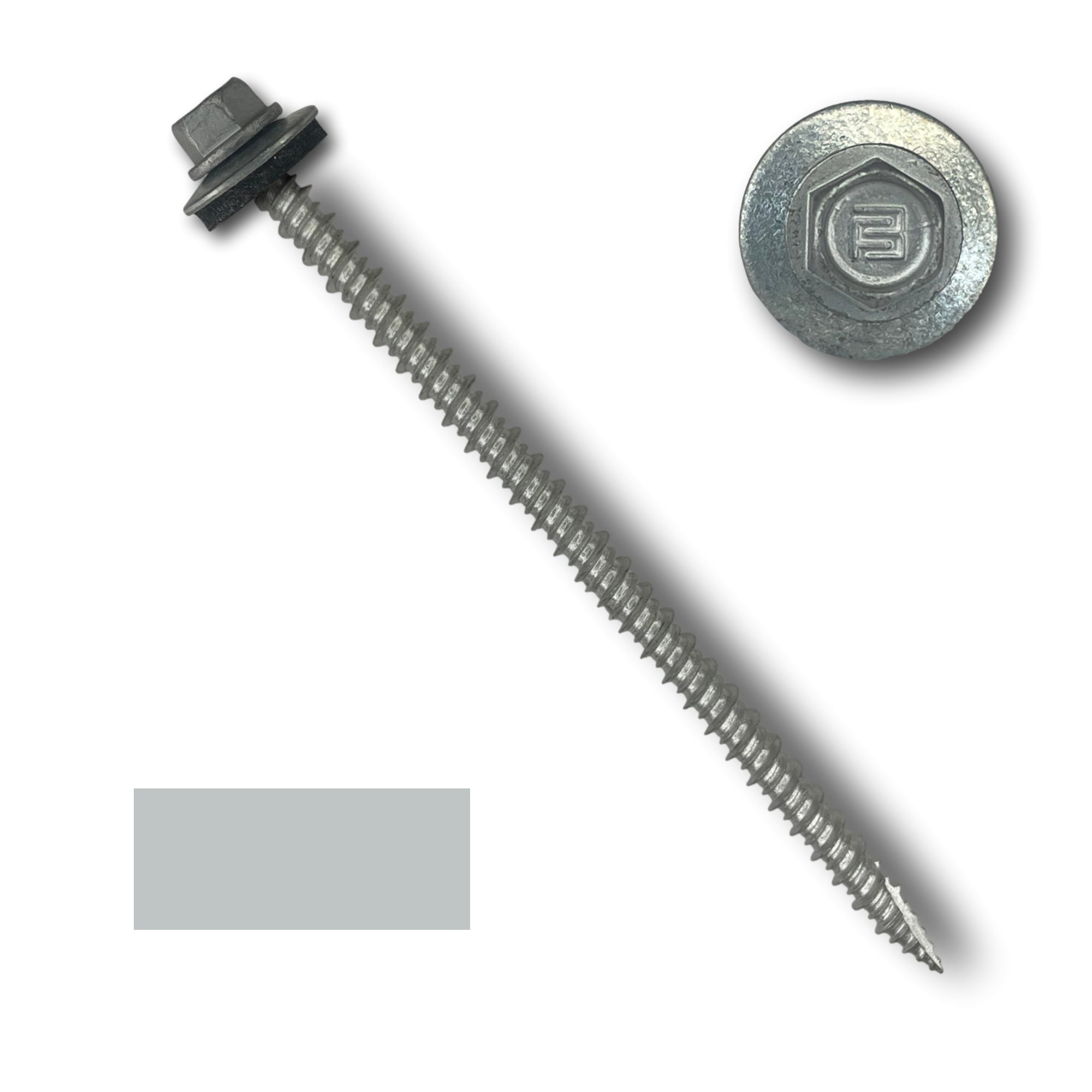 A number 10 Diameter Metal Roofing Screw that is 4 inch long with a 1/4 inch Hex Head and an EPDM Rubber Washer. The screw features a Type 17 sharp tip for drilling into wood decking. There is a color swatch of the screw head in the bottom left corner and a close-up of the screw head in the top right corner. The screw head is Zinc/Unpainted in color.