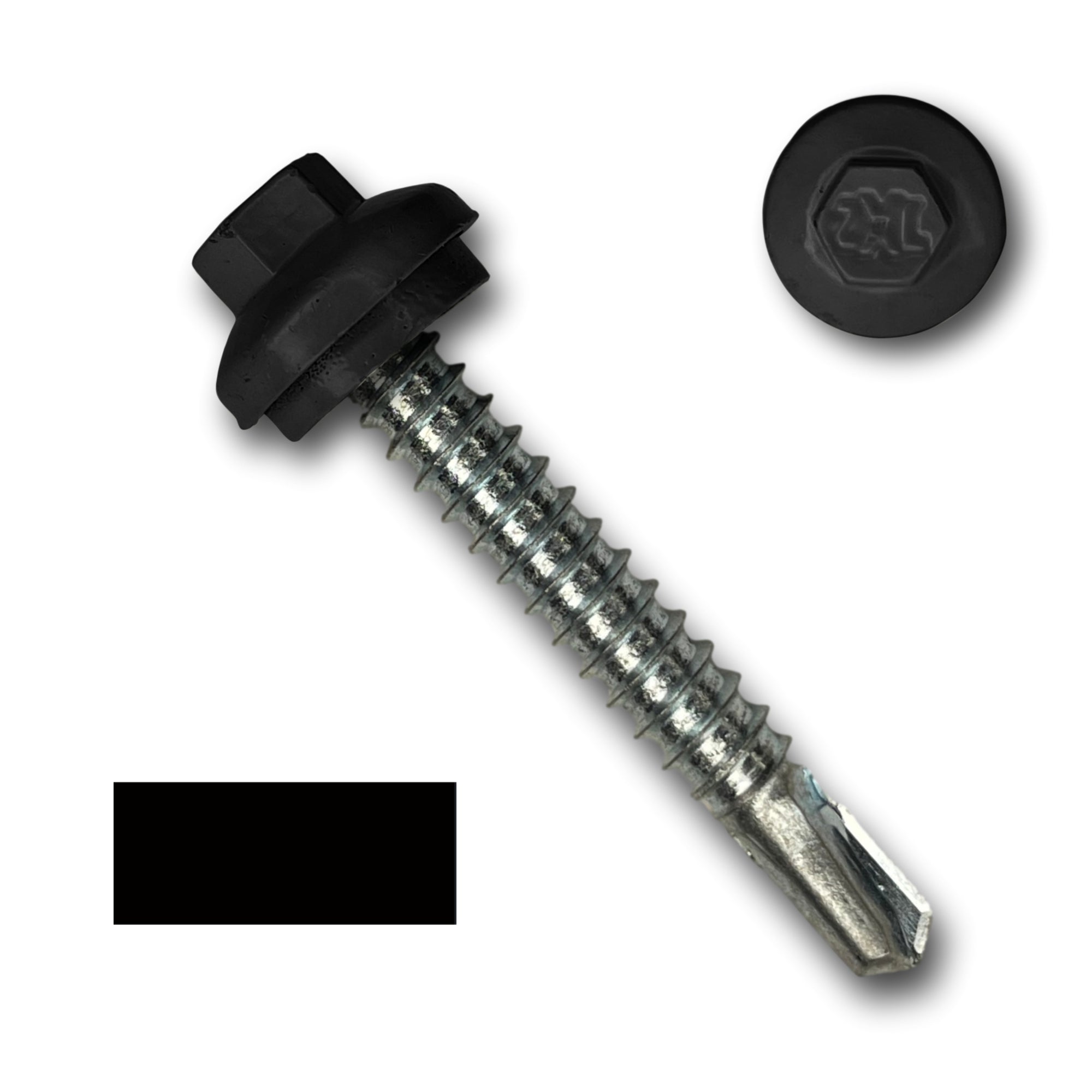 A number 12 Diameter Metal Roofing Screw that is 1.5 inches long with a 5/16 inch Hex Head and an EPDM Rubber Washer. The screw features a self-drilling tip for drilling into steel purlins and a Dome Cap that completely covers the washer. There is a color swatch of the screw head in the bottom left corner and a close-up of the screw head in the top right corner. The screw head is Black in color.
