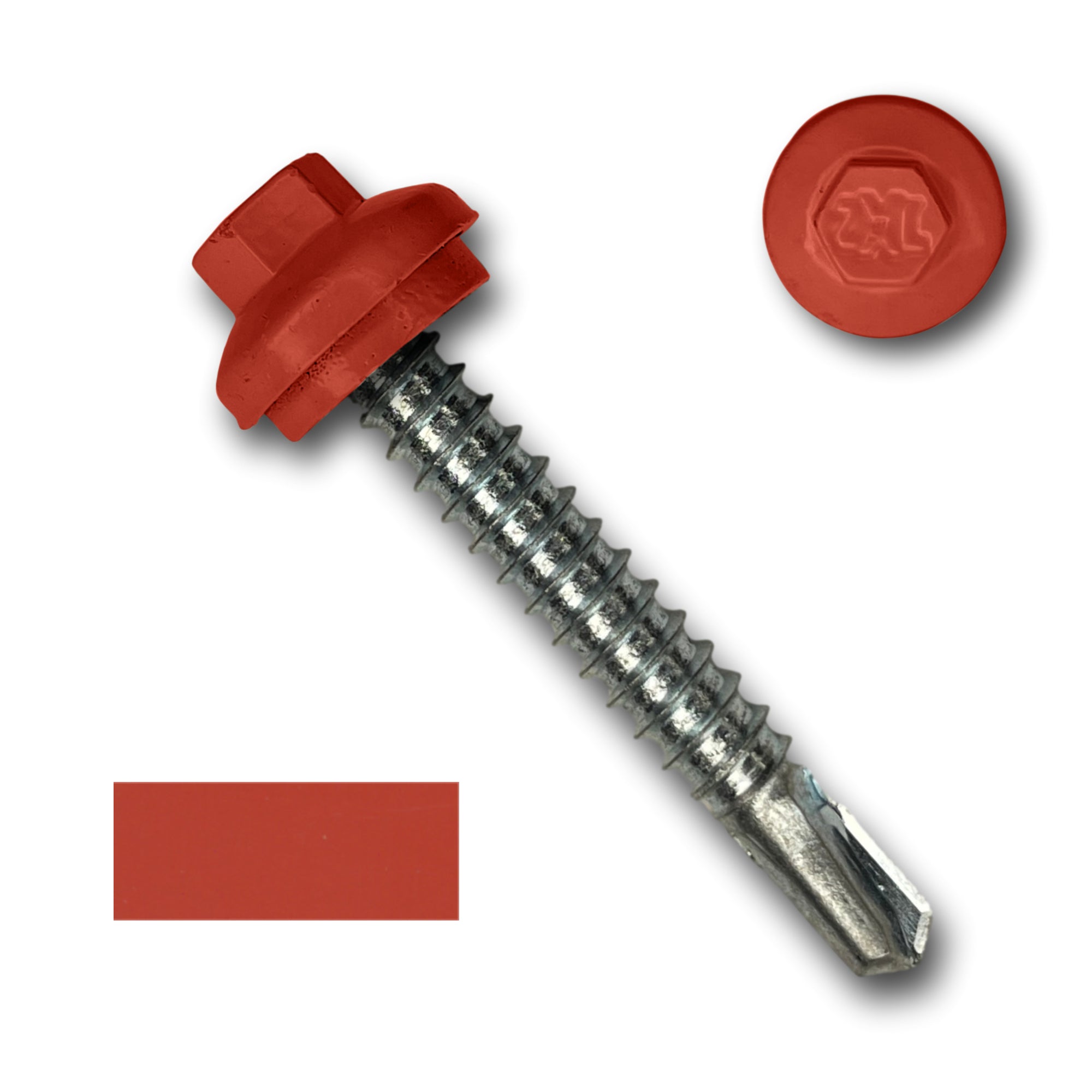 A number 12 Diameter Metal Roofing Screw that is 1.5 inches long with a 5/16 inch Hex Head and an EPDM Rubber Washer. The screw features a self-drilling tip for drilling into steel purlins and a Dome Cap that completely covers the washer. There is a color swatch of the screw head in the bottom left corner and a close-up of the screw head in the top right corner. The screw head is Bright Red in color.