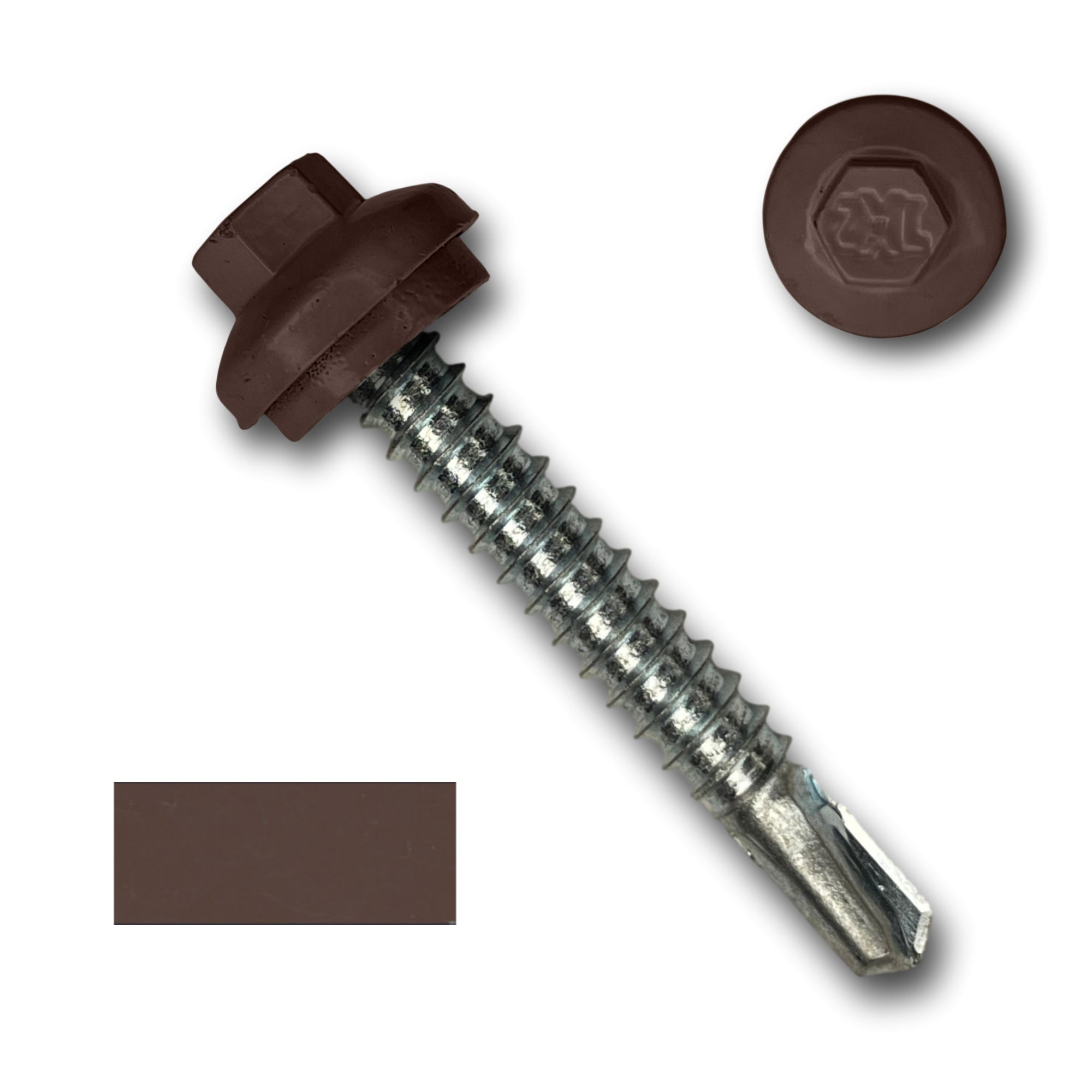 A number 12 Diameter Metal Roofing Screw that is 1.5 inches long with a 5/16 inch Hex Head and an EPDM Rubber Washer. The screw features a self-drilling tip for drilling into steel purlins and a Dome Cap that completely covers the washer. There is a color swatch of the screw head in the bottom left corner and a close-up of the screw head in the top right corner. The screw head is Brown in color.