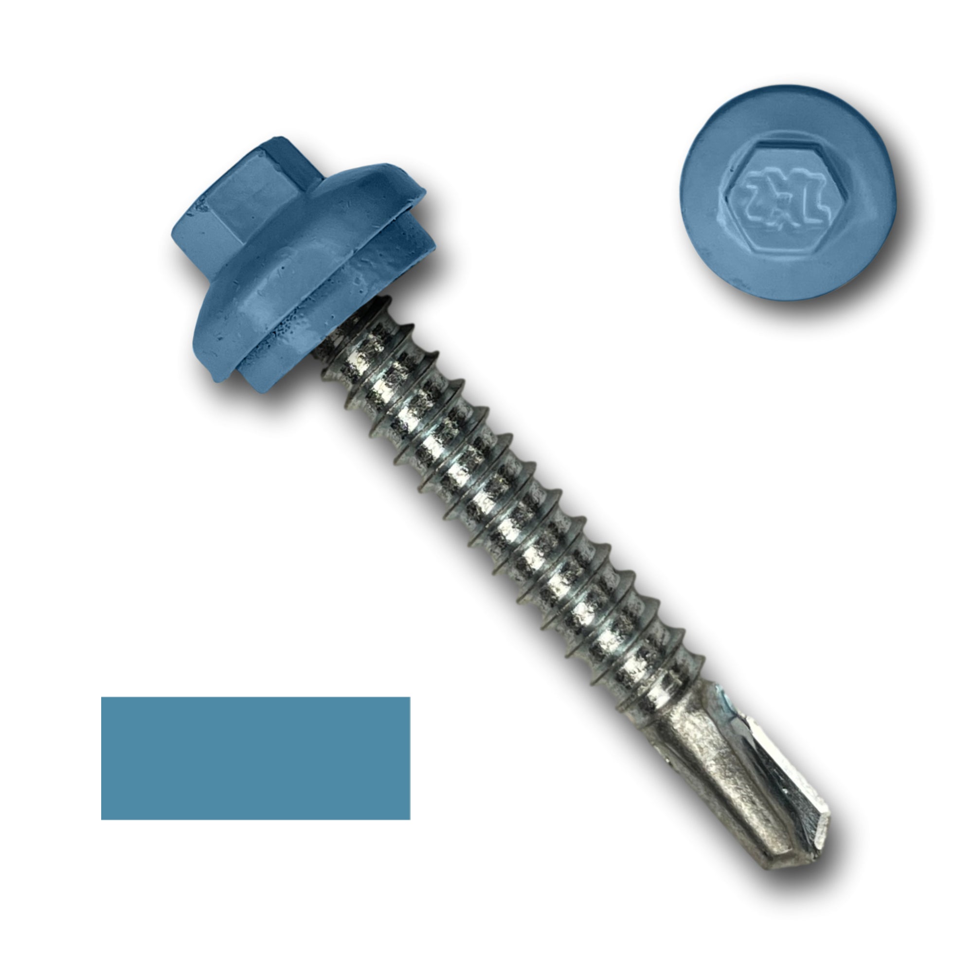 A number 12 Diameter Metal Roofing Screw that is 1.5 inches long with a 5/16 inch Hex Head and an EPDM Rubber Washer. The screw features a self-drilling tip for drilling into steel purlins and a Dome Cap that completely covers the washer. There is a color swatch of the screw head in the bottom left corner and a close-up of the screw head in the top right corner. The screw head is Hawaiian Blue in color.