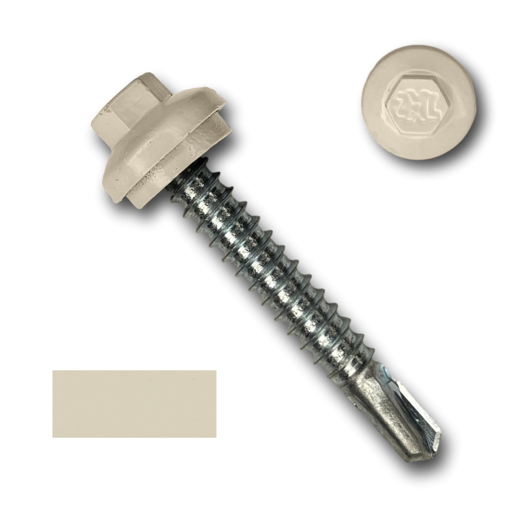 A number 12 Diameter Metal Roofing Screw that is 1.5 inches long with a 5/16 inch Hex Head and an EPDM Rubber Washer. The screw features a self-drilling tip for drilling into steel purlins and a Dome Cap that completely covers the washer. There is a color swatch of the screw head in the bottom left corner and a close-up of the screw head in the top right corner. The screw head is Lightstone in color.