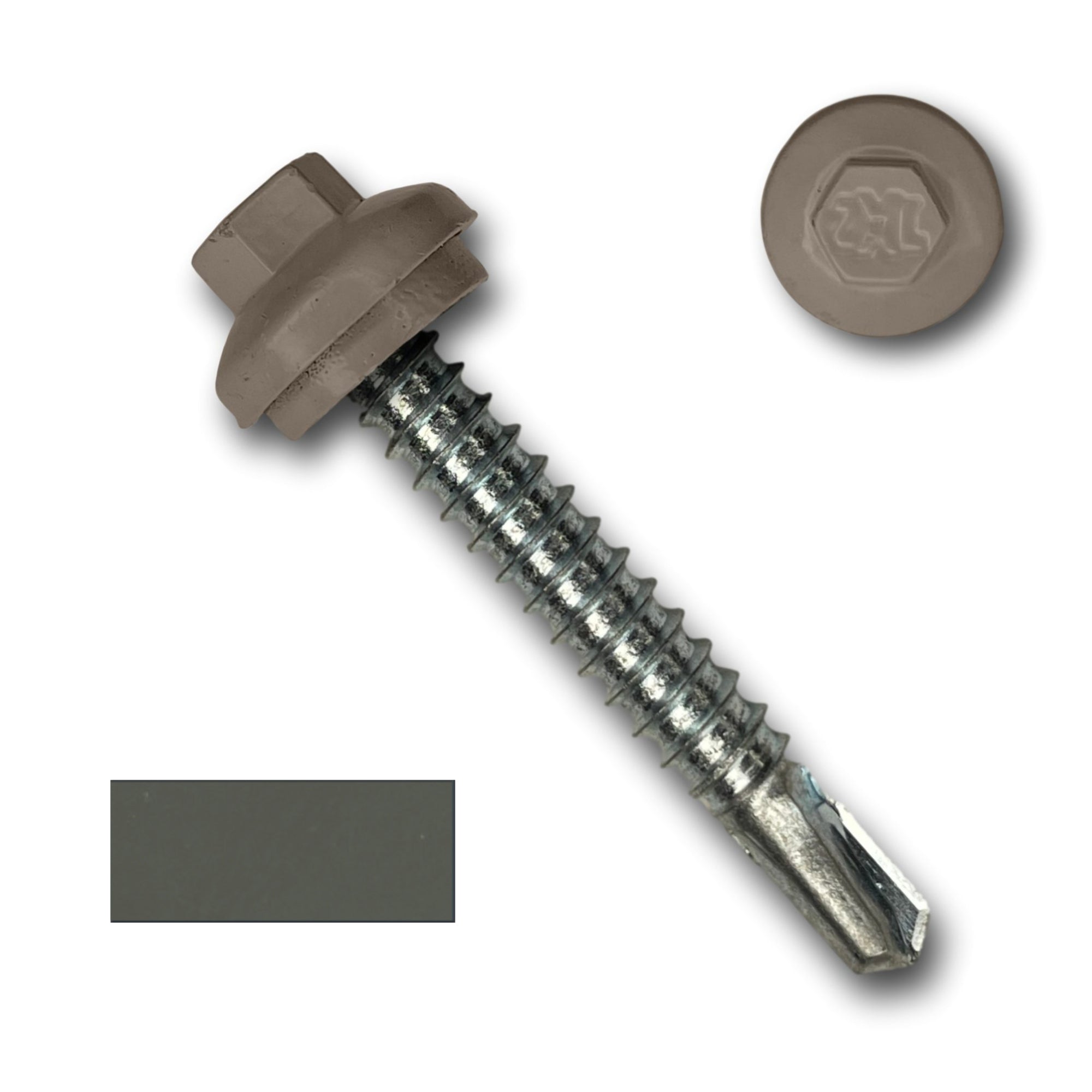 A number 12 Diameter Metal Roofing Screw that is 1.5 inches long with a 5/16 inch Hex Head and an EPDM Rubber Washer. The screw features a self-drilling tip for drilling into steel purlins and a Dome Cap that completely covers the washer. There is a color swatch of the screw head in the bottom left corner and a close-up of the screw head in the top right corner. The screw head is Burnished Slate in color.