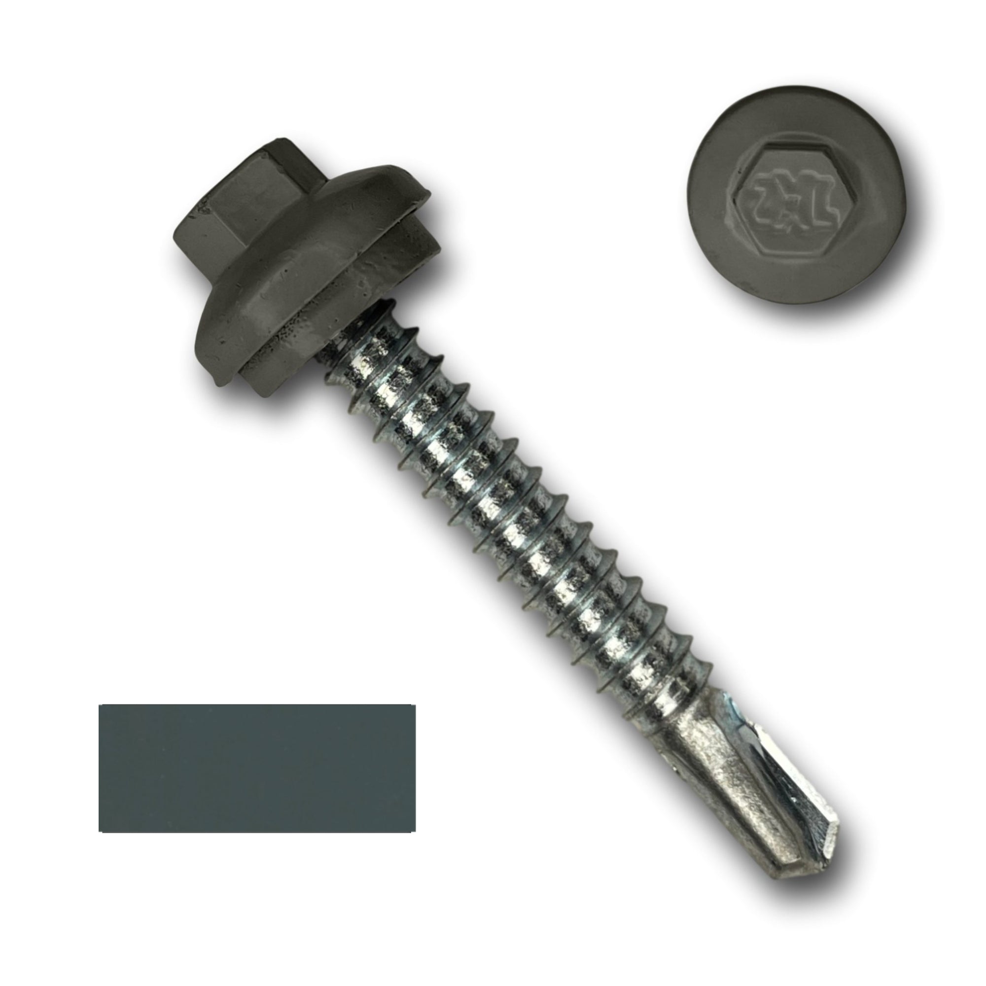 A number 12 Diameter Metal Roofing Screw that is 1.5 inches long with a 5/16 inch Hex Head and an EPDM Rubber Washer. The screw features a self-drilling tip for drilling into steel purlins and a Dome Cap that completely covers the washer. There is a color swatch of the screw head in the bottom left corner and a close-up of the screw head in the top right corner. The screw head is Charcoal Gray in color.