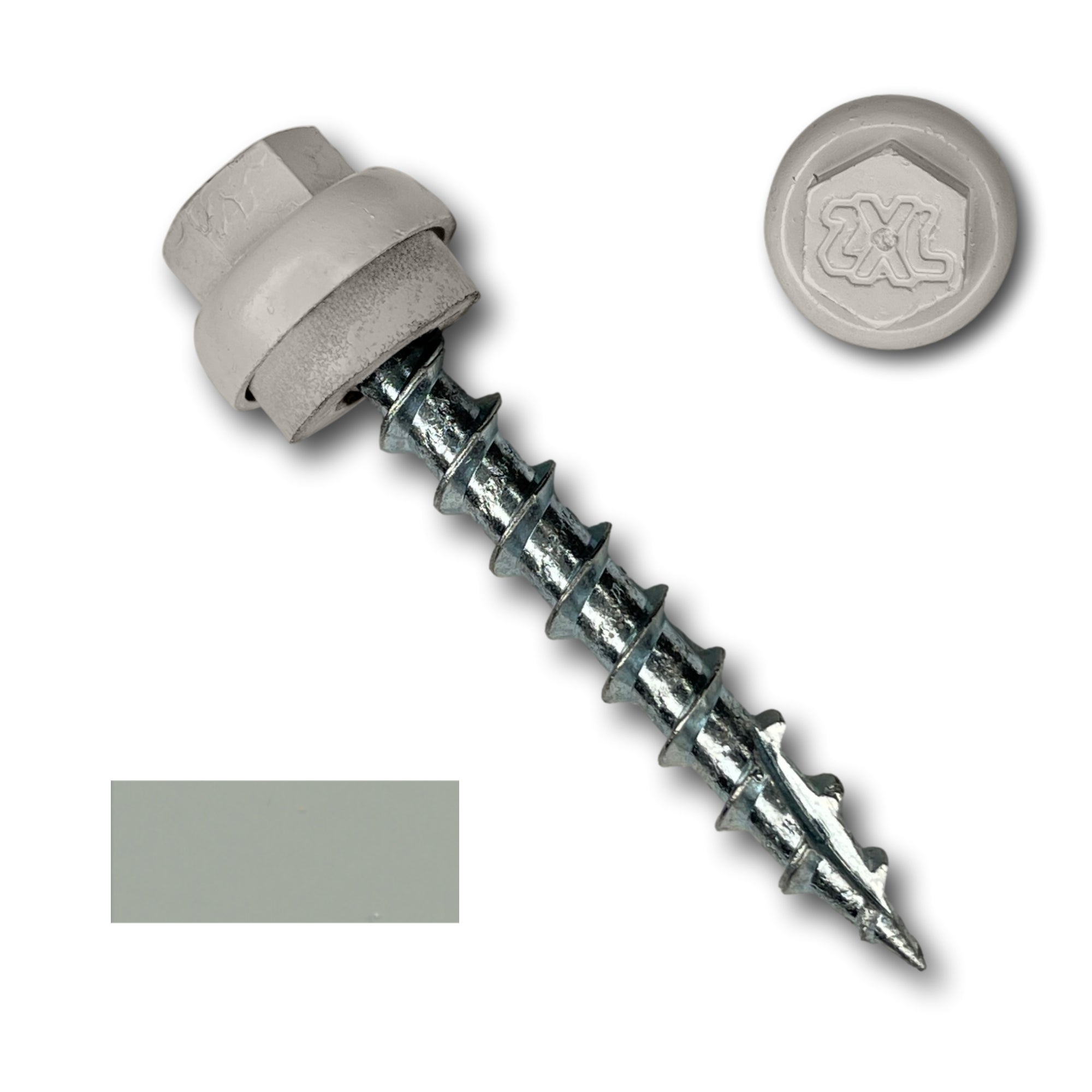 A number 12 Diameter Metal Roofing Screw that is 1.5 inches long with a 5/16 inch Hex Head and an EPDM Rubber Washer. The screw features a Type 17 Sharp Tip for piercing into wood and a Dome Cap that completely covers the washer. There is a color swatch of the screw head in the bottom left corner and a close-up of the screw head in the top right corner. The screw head is Ash Gray in color.