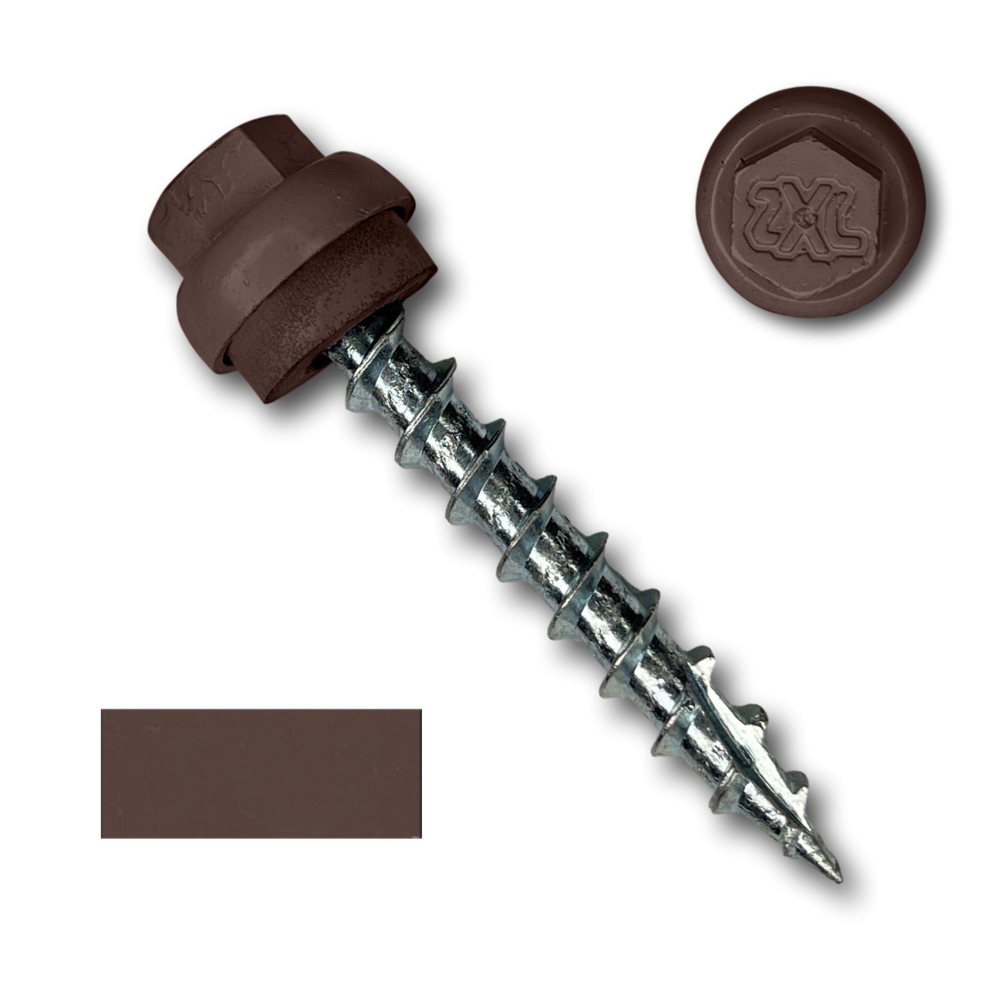 A number 12 Diameter Metal Roofing Screw that is 1.5 inches long with a 5/16 inch Hex Head and an EPDM Rubber Washer. The screw features a Type 17 Sharp Tip for piercing into wood and a Dome Cap that completely covers the washer. There is a color swatch of the screw head in the bottom left corner and a close-up of the screw head in the top right corner. The screw head is Brown in color.
