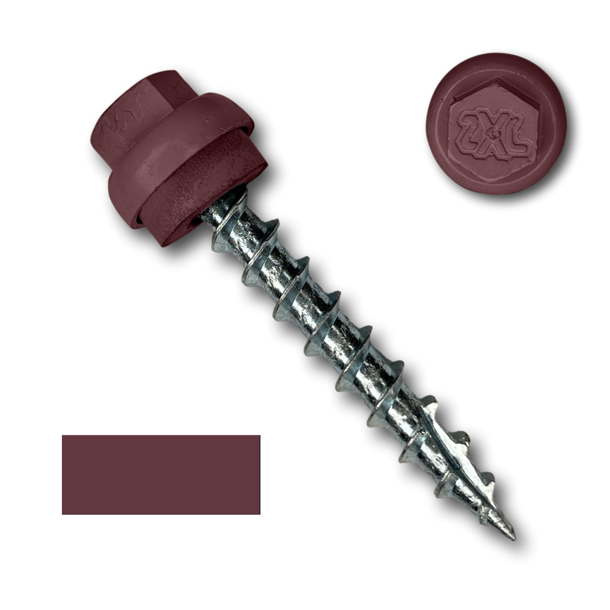 A number 12 Diameter Metal Roofing Screw that is 1.5 inches long with a 5/16 inch Hex Head and an EPDM Rubber Washer. The screw features a Type 17 Sharp Tip for piercing into wood and a Dome Cap that completely covers the washer. There is a color swatch of the screw head in the bottom left corner and a close-up of the screw head in the top right corner. The screw head is Burgundy in color.