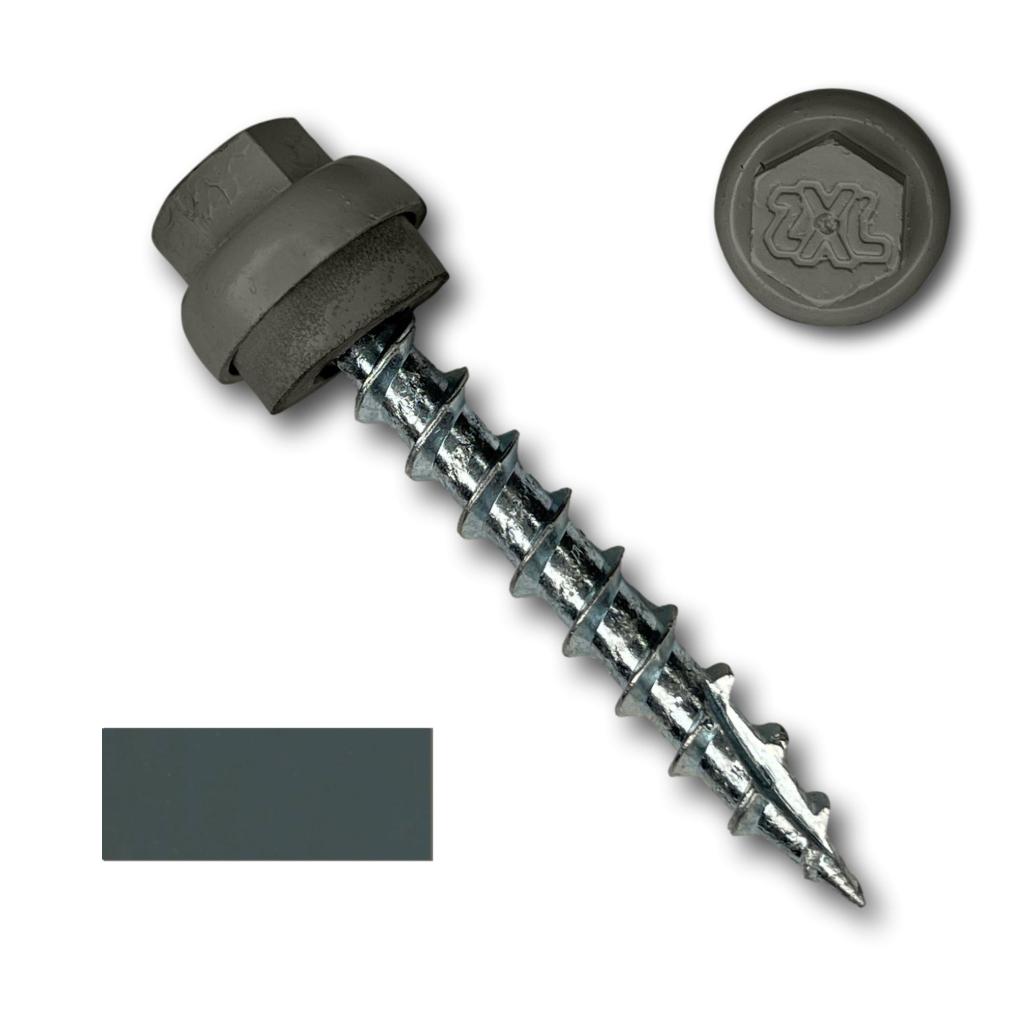 A number 12 Diameter Metal Roofing Screw that is 1.5 inches long with a 5/16 inch Hex Head and an EPDM Rubber Washer. The screw features a Type 17 Sharp Tip for piercing into wood and a Dome Cap that completely covers the washer. There is a color swatch of the screw head in the bottom left corner and a close-up of the screw head in the top right corner. The screw head is Charcoal Gray in color.