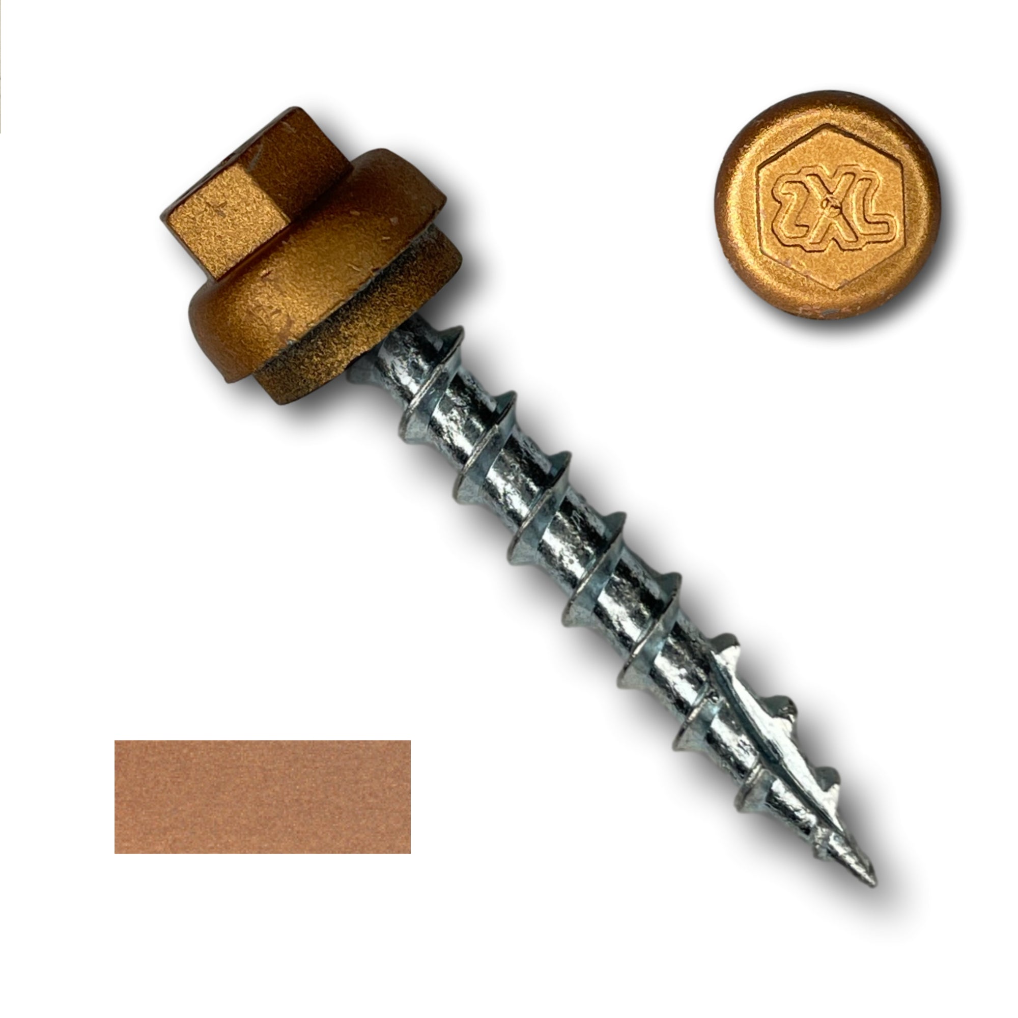 A number 12 Diameter Metal Roofing Screw that is 1.5 inches long with a 5/16 inch Hex Head and an EPDM Rubber Washer. The screw features a Type 17 Sharp Tip for piercing into wood and a Dome Cap that completely covers the washer. There is a color swatch of the screw head in the bottom left corner and a close-up of the screw head in the top right corner. The screw head is Copper Metallic in color.