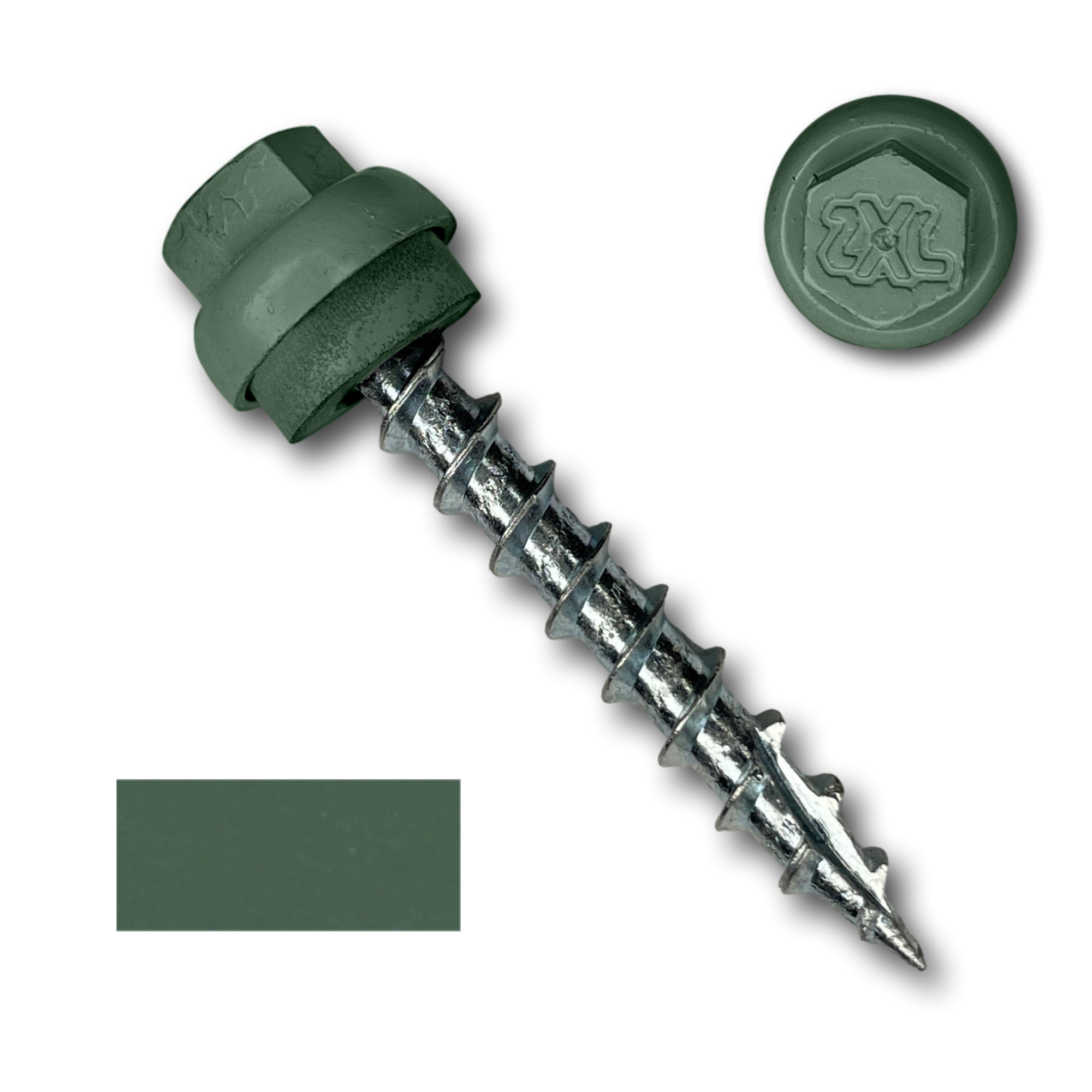 A number 12 Diameter Metal Roofing Screw that is 1.5 inches long with a 5/16 inch Hex Head and an EPDM Rubber Washer. The screw features a Type 17 Sharp Tip for piercing into wood and a Dome Cap that completely covers the washer. There is a color swatch of the screw head in the bottom left corner and a close-up of the screw head in the top right corner. The screw head is Evergreen in color.