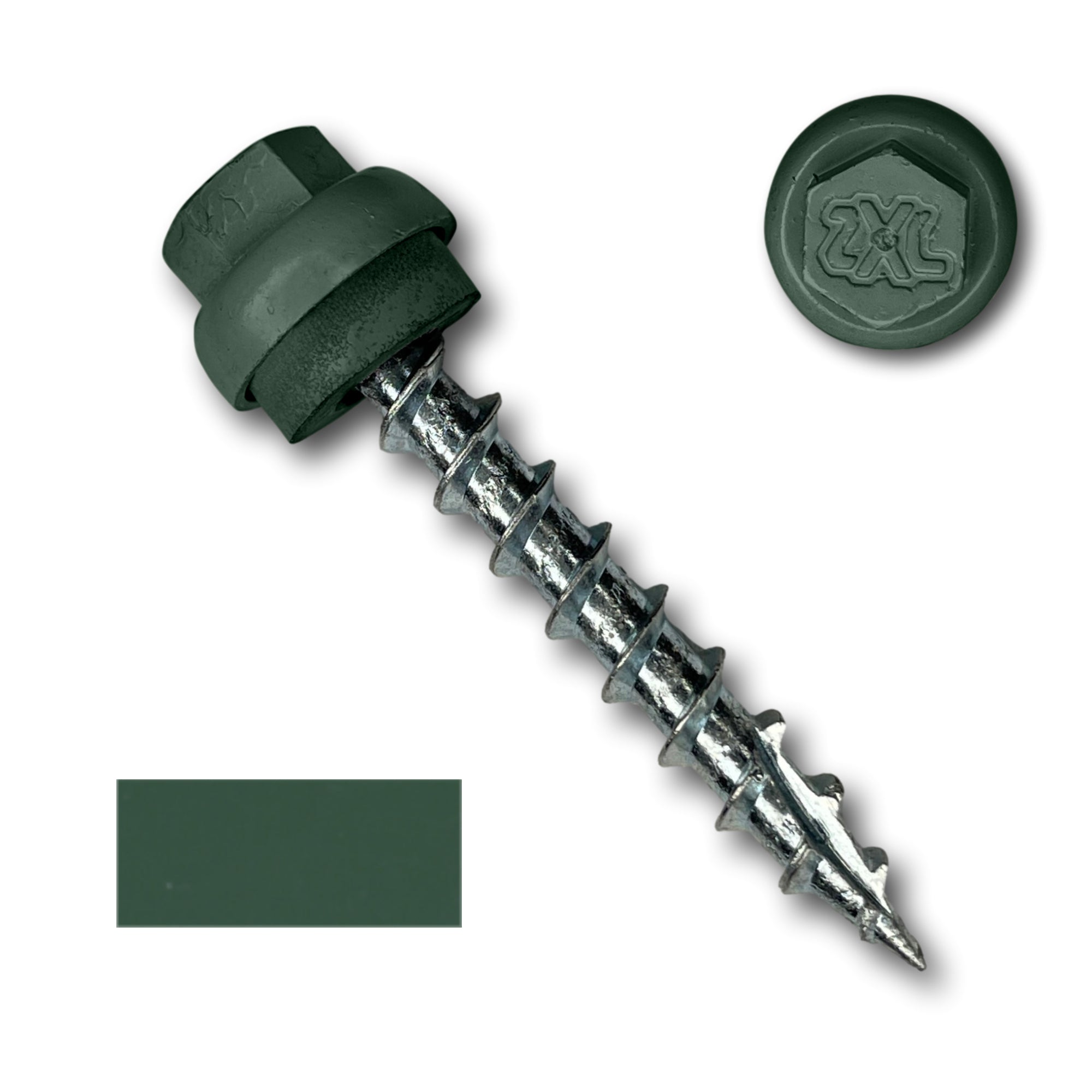 A number 12 Diameter Metal Roofing Screw that is 1.5 inches long with a 5/16 inch Hex Head and an EPDM Rubber Washer. The screw features a Type 17 Sharp Tip for piercing into wood and a Dome Cap that completely covers the washer. There is a color swatch of the screw head in the bottom left corner and a close-up of the screw head in the top right corner. The screw head is Forest Green in color.