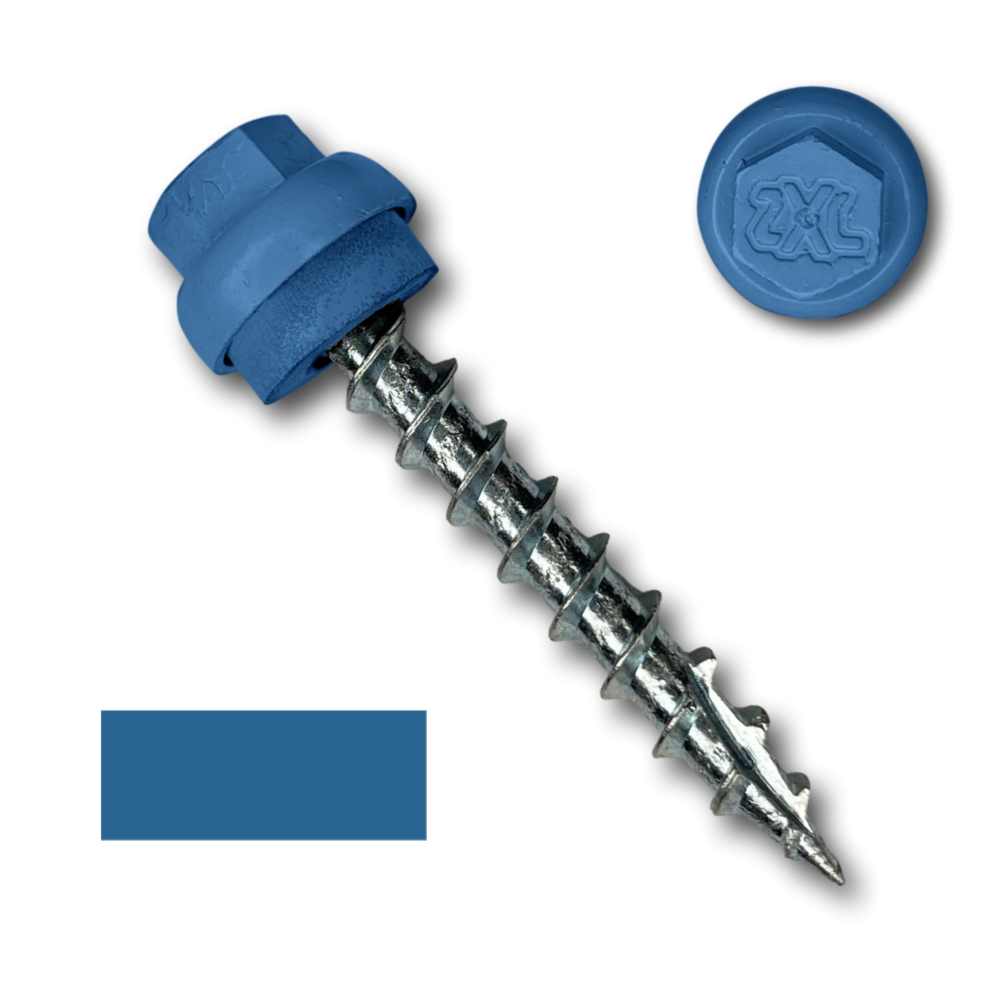 A number 12 Diameter Metal Roofing Screw that is 1.5 inches long with a 5/16 inch Hex Head and an EPDM Rubber Washer. The screw features a Type 17 Sharp Tip for piercing into wood and a Dome Cap that completely covers the washer. There is a color swatch of the screw head in the bottom left corner and a close-up of the screw head in the top right corner. The screw head is Regal Blue in color.