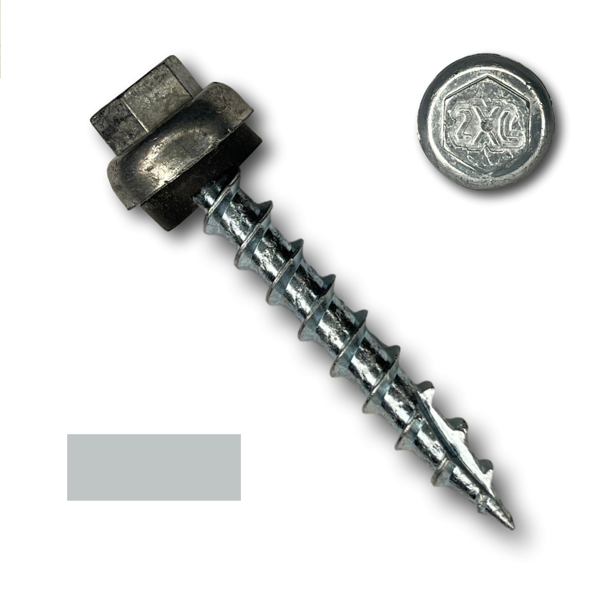 A number 12 Diameter Metal Roofing Screw that is 1.5 inches long with a 5/16 inch Hex Head and an EPDM Rubber Washer. The screw features a Type 17 Sharp Tip for piercing into wood and a Dome Cap that completely covers the washer. There is a color swatch of the screw head in the bottom left corner and a close-up of the screw head in the top right corner. The screw head is Zinc/Unpainted in color.