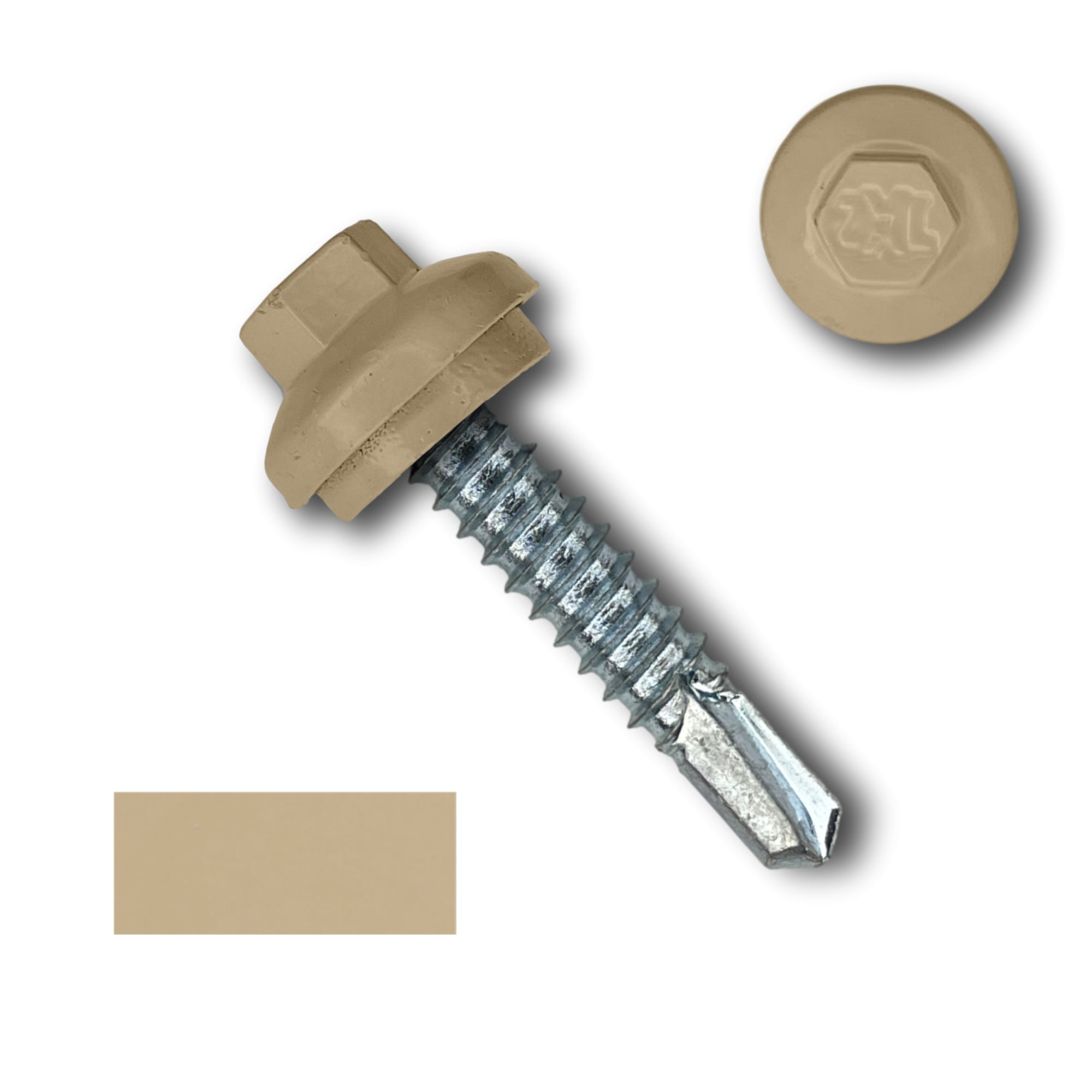 A number 14 Diameter Metal Roofing Screw that is 1.25 inches long with a 5/16 inch Hex Head and an EPDM Rubber Washer. The screw features a Dome Cap that covers the washer and a self-drilling tip for drilling into steel purlins. There is a color swatch of the screw head in the bottom left corner and a close-up of the screw head in the top right corner. The screw head is Sahara Tan in color.