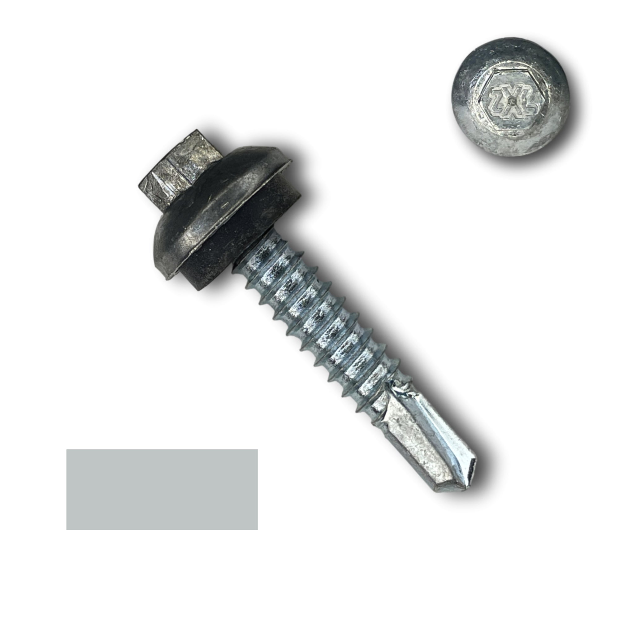 A number 14 Diameter Metal Roofing Screw that is 1.25 inches long with a 5/16 inch Hex Head and an EPDM Rubber Washer. The screw features a Dome Cap that covers the washer and a self-drilling tip for drilling into steel purlins. There is a color swatch of the screw head in the bottom left corner and a close-up of the screw head in the top right corner. The screw head is Zinc/Unpainted in color.
