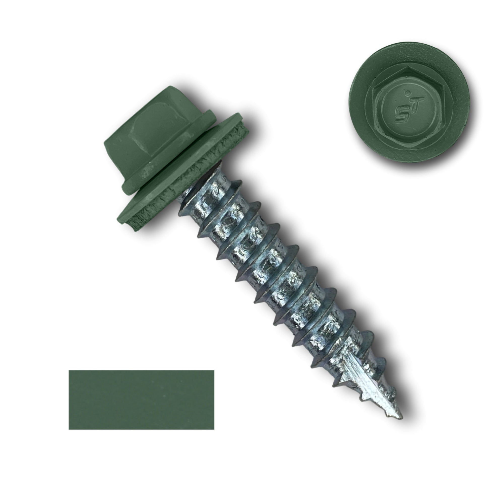 A number 14 Diameter Metal Roofing Screw that is 1.25 inches long with a 5/16 inch Hex Head and an EPDM Rubber Washer. The screw features a Type 17 sharp tip for drilling into wood decking. There is a color swatch of the screw head in the bottom left corner and a close-up of the screw head in the top right corner. The screw head is Evergreen in color.