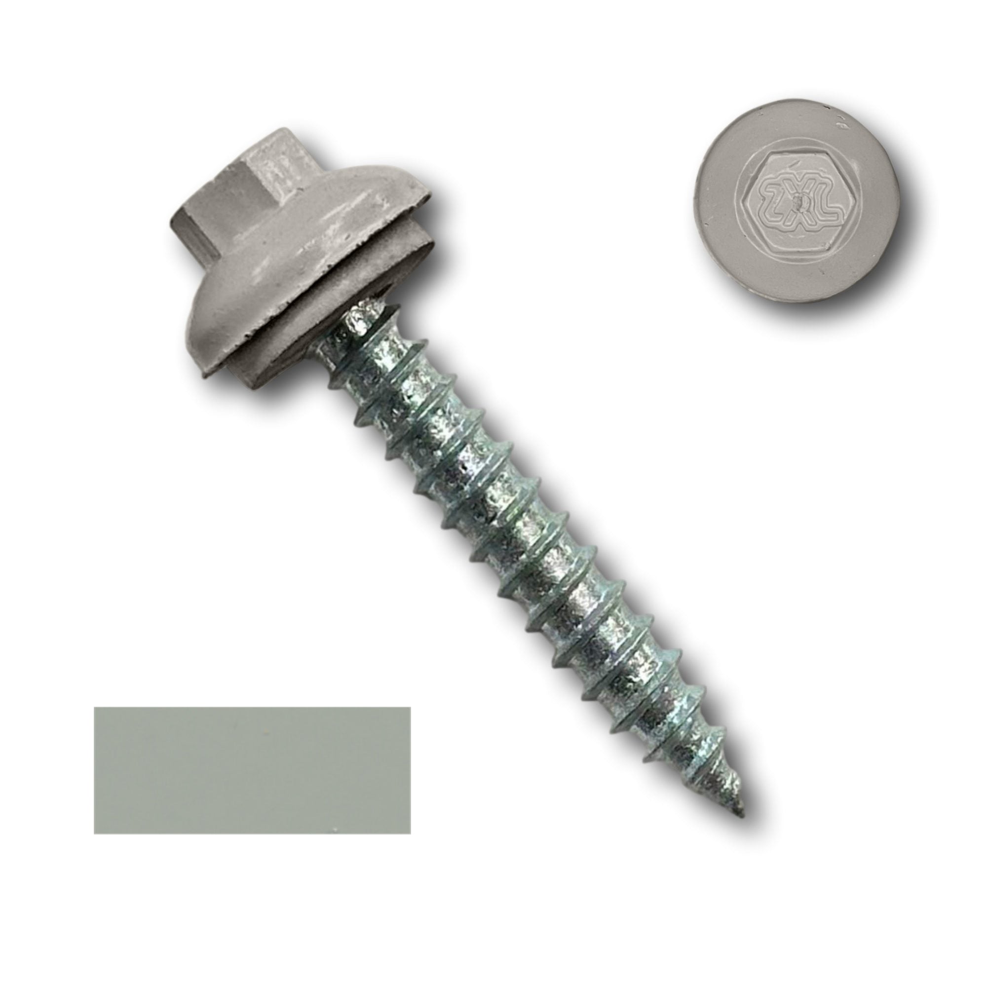 A number 14 Diameter Metal Roofing Screw that is 1.5 inches long with a 5/16 inch Hex Head and an EPDM Rubber Washer. The screw features a Dome Cap that covers the washer and a self-piercing tip for drilling into wood decking. There is a color swatch of the screw head in the bottom left corner and a close-up of the screw head in the top right corner. The screw head is Ash Gray in color.