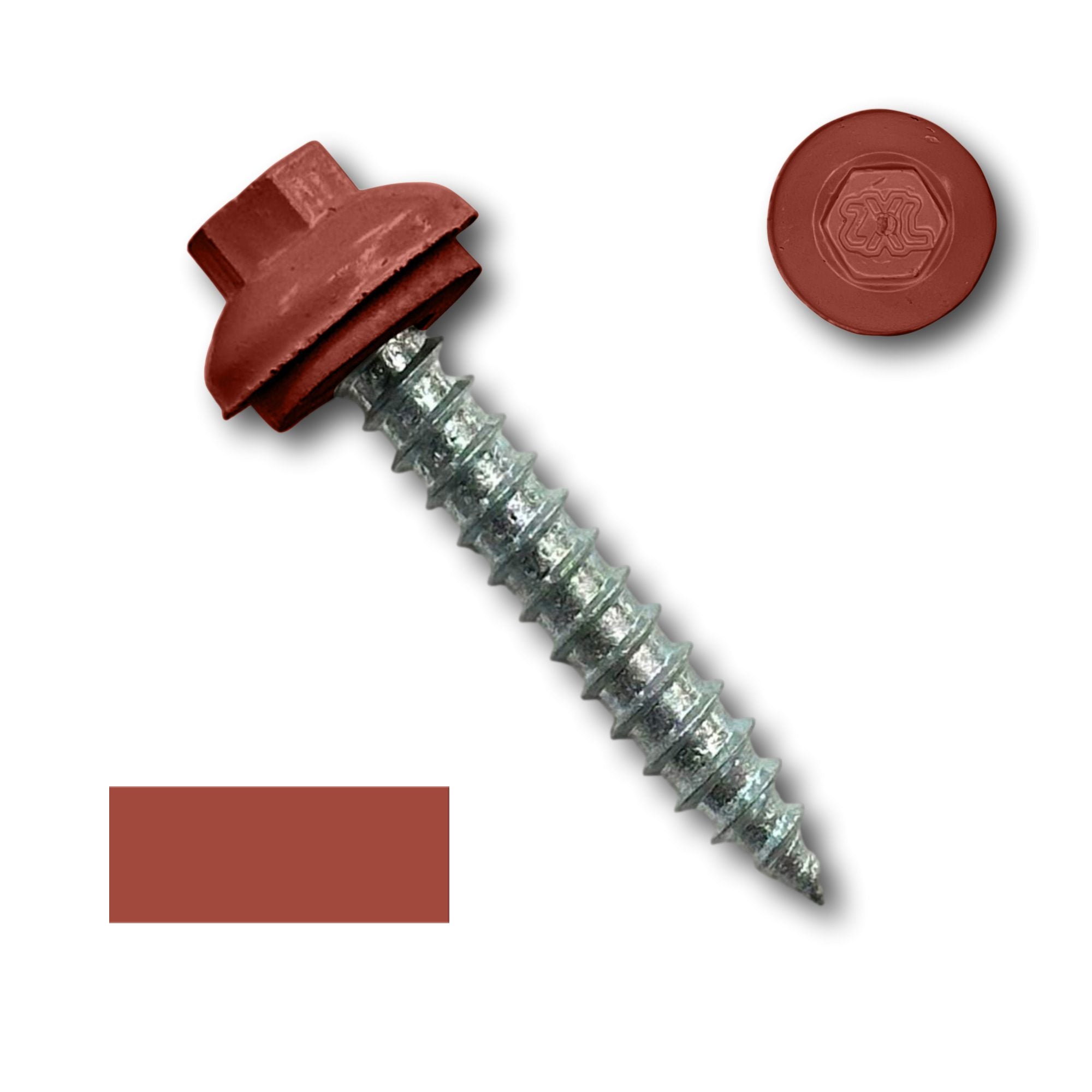 A number 14 Diameter Metal Roofing Screw that is 1.5 inches long with a 5/16 inch Hex Head and an EPDM Rubber Washer. The screw features a Dome Cap that covers the washer and a self-piercing tip for drilling into wood decking. There is a color swatch of the screw head in the bottom left corner and a close-up of the screw head in the top right corner. The screw head is Barn Red
in color.