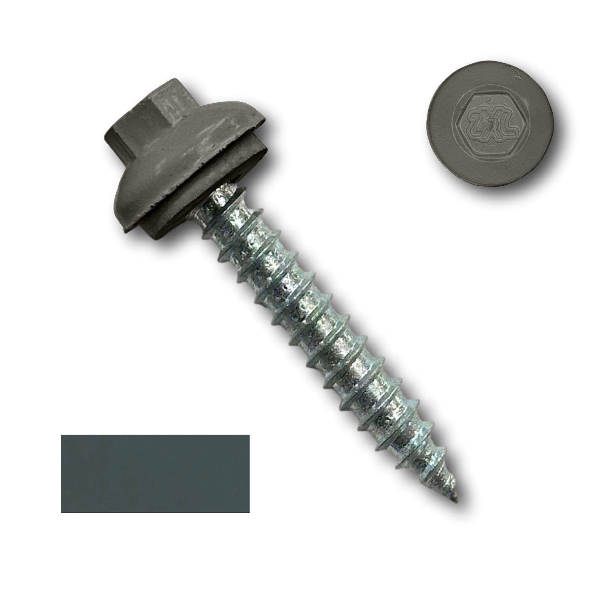 A number 14 Diameter Metal Roofing Screw that is 1.5 inches long with a 5/16 inch Hex Head and an EPDM Rubber Washer. The screw features a Dome Cap that covers the washer and a self-piercing tip for drilling into wood decking. There is a color swatch of the screw head in the bottom left corner and a close-up of the screw head in the top right corner. The screw head is Charcoal Gray in color.