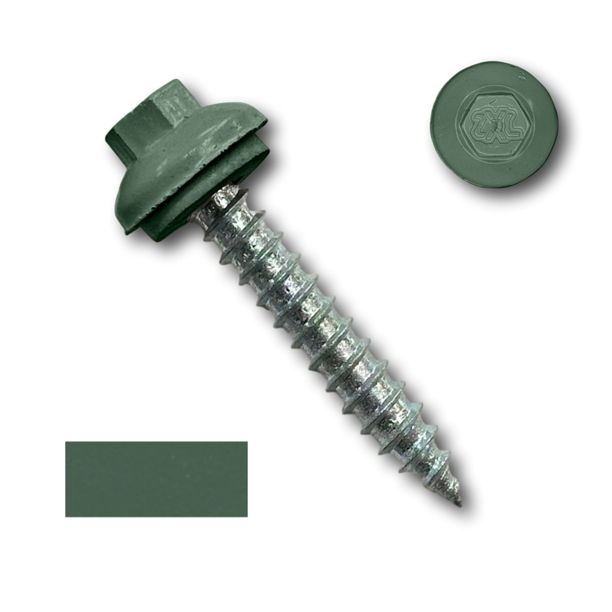 A number 14 Diameter Metal Roofing Screw that is 1.5 inches long with a 5/16 inch Hex Head and an EPDM Rubber Washer. The screw features a Dome Cap that covers the washer and a self-piercing tip for drilling into wood decking. There is a color swatch of the screw head in the bottom left corner and a close-up of the screw head in the top right corner. The screw head is Evergreen in color.