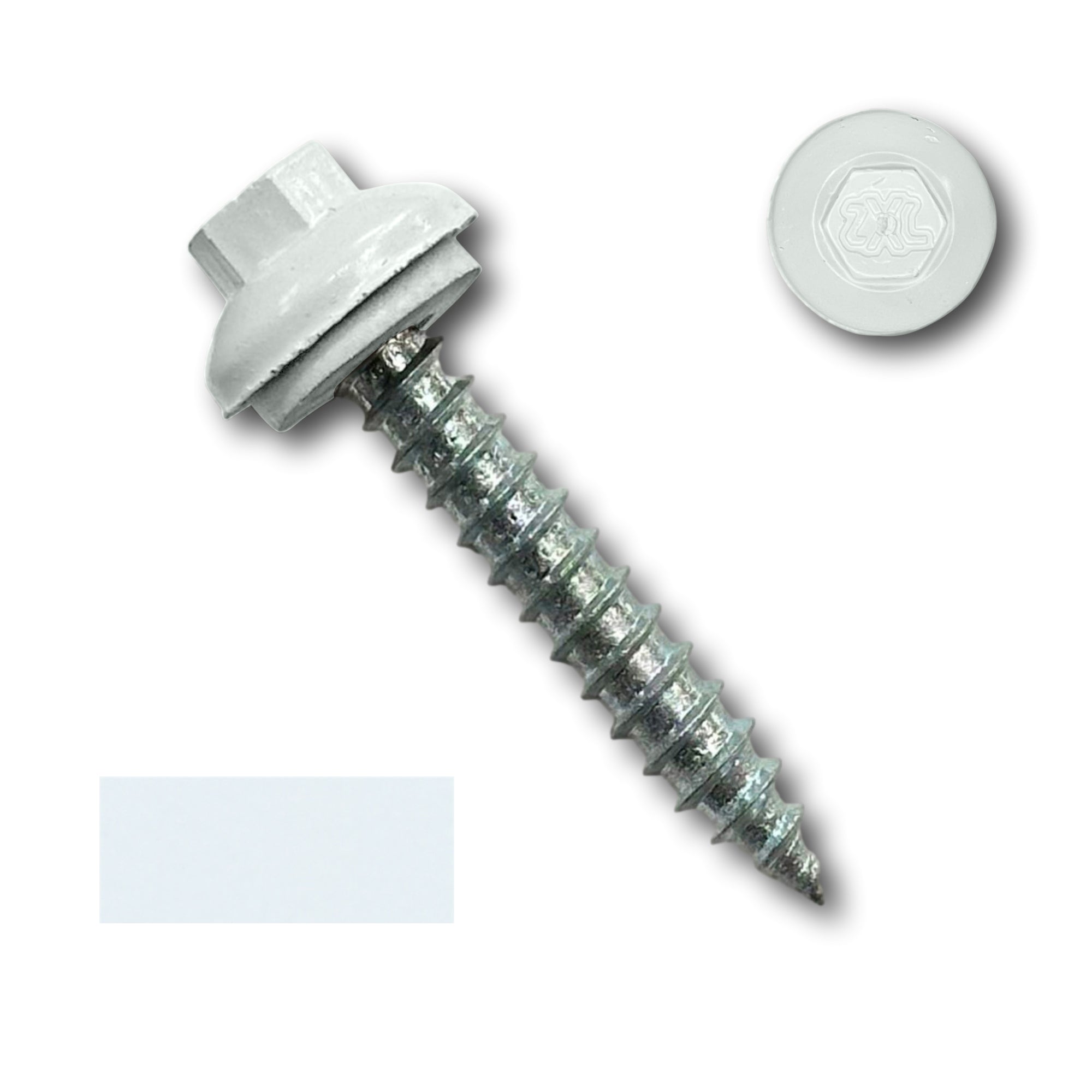 A number 14 Diameter Metal Roofing Screw that is 1.5 inches long with a 5/16 inch Hex Head and an EPDM Rubber Washer. The screw features a Dome Cap that covers the washer and a self-piercing tip for drilling into wood decking. There is a color swatch of the screw head in the bottom left corner and a close-up of the screw head in the top right corner. The screw head is White in color.