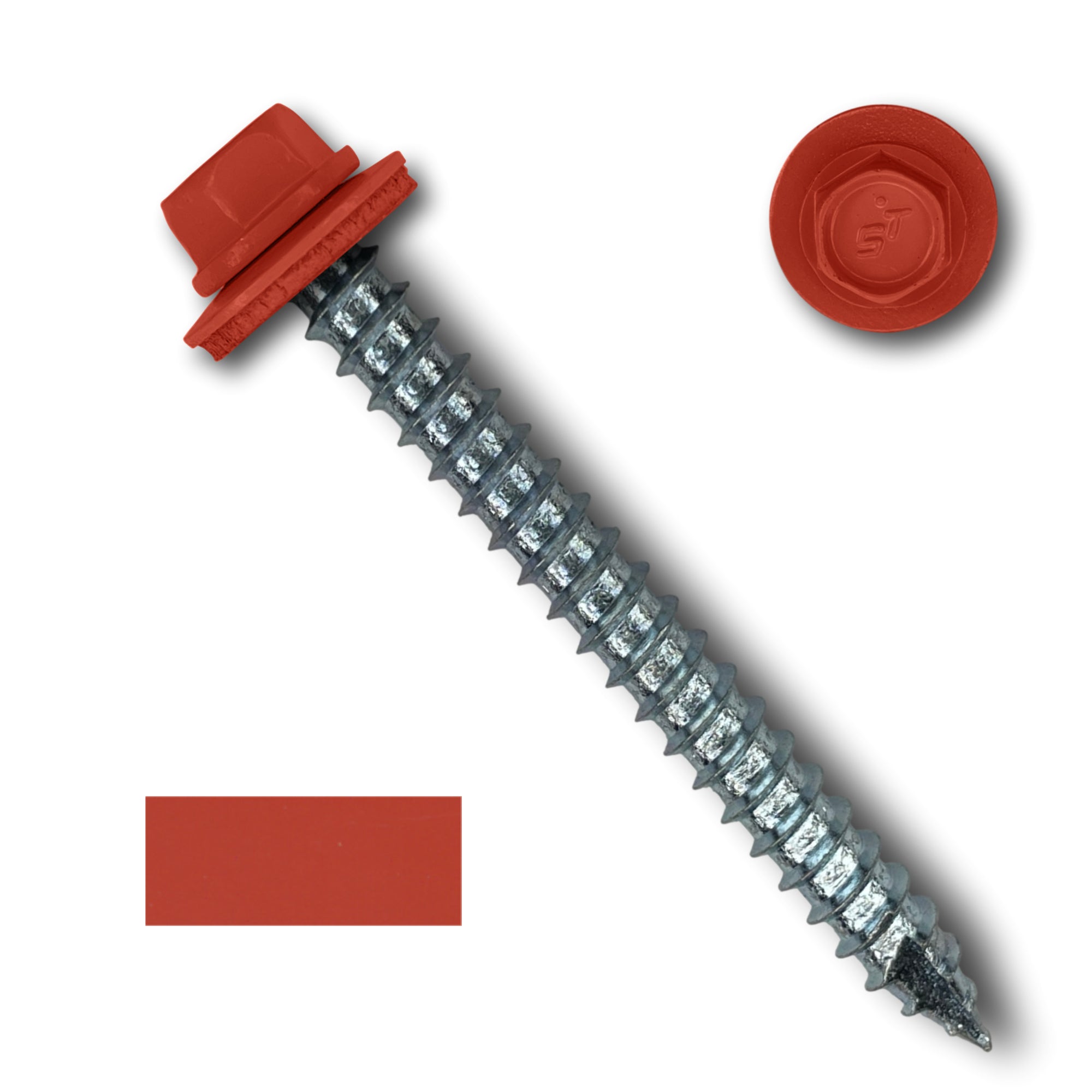 A number 14 Diameter Metal Roofing Screw that is 2.5 inches long with a 5/16 inch Hex Head and an EPDM Rubber Washer. The screw features a Type 17 sharp tip for drilling into wood decking. There is a color swatch of the screw head in the bottom left corner and a close-up of the screw head in the top right corner. The screw head is Bright Red in color.